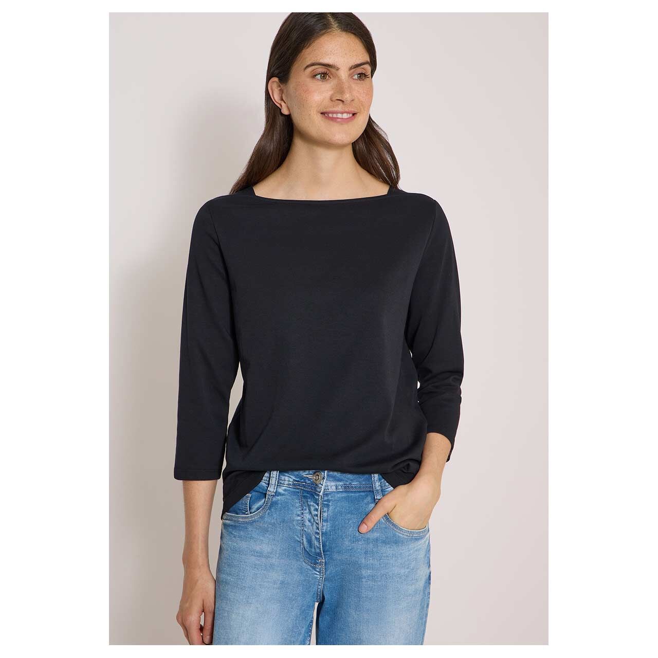 Damen 3/4 Arm Shirt Basic Boatneck von Cecil in Schwarz, Vorderansicht am Model