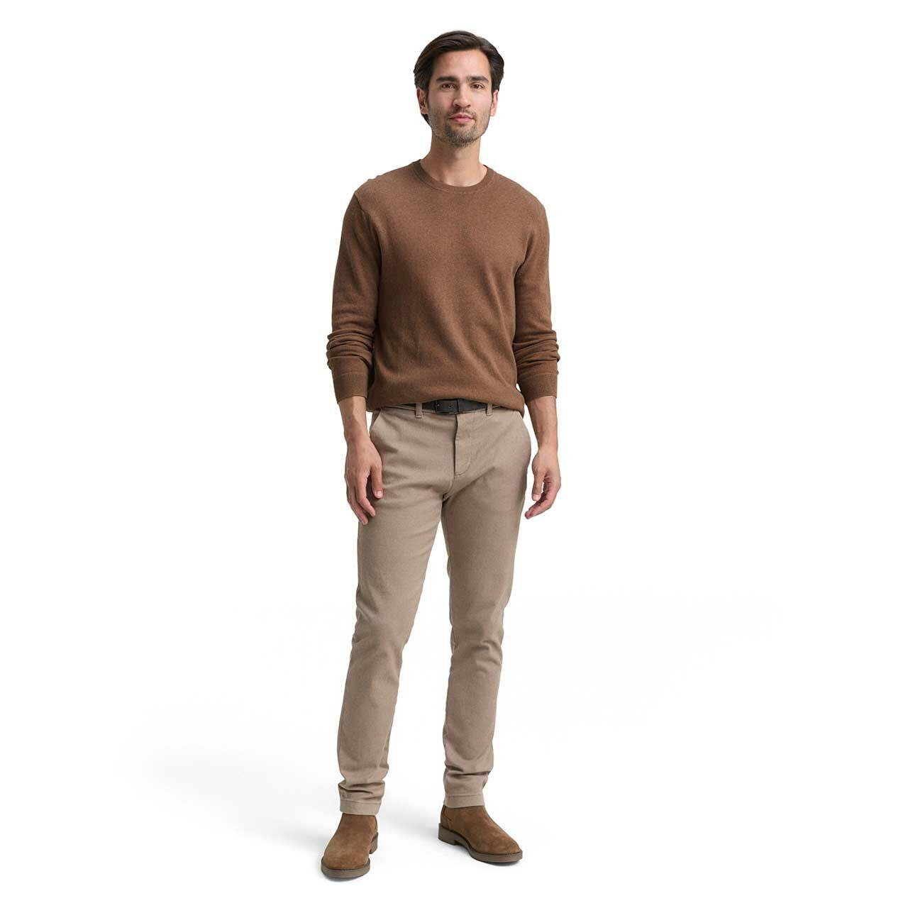 Herren Pullover Cashmere Crewneck Knit von Tom Tailor in Braun meliert, Ganzkörperansicht am Model