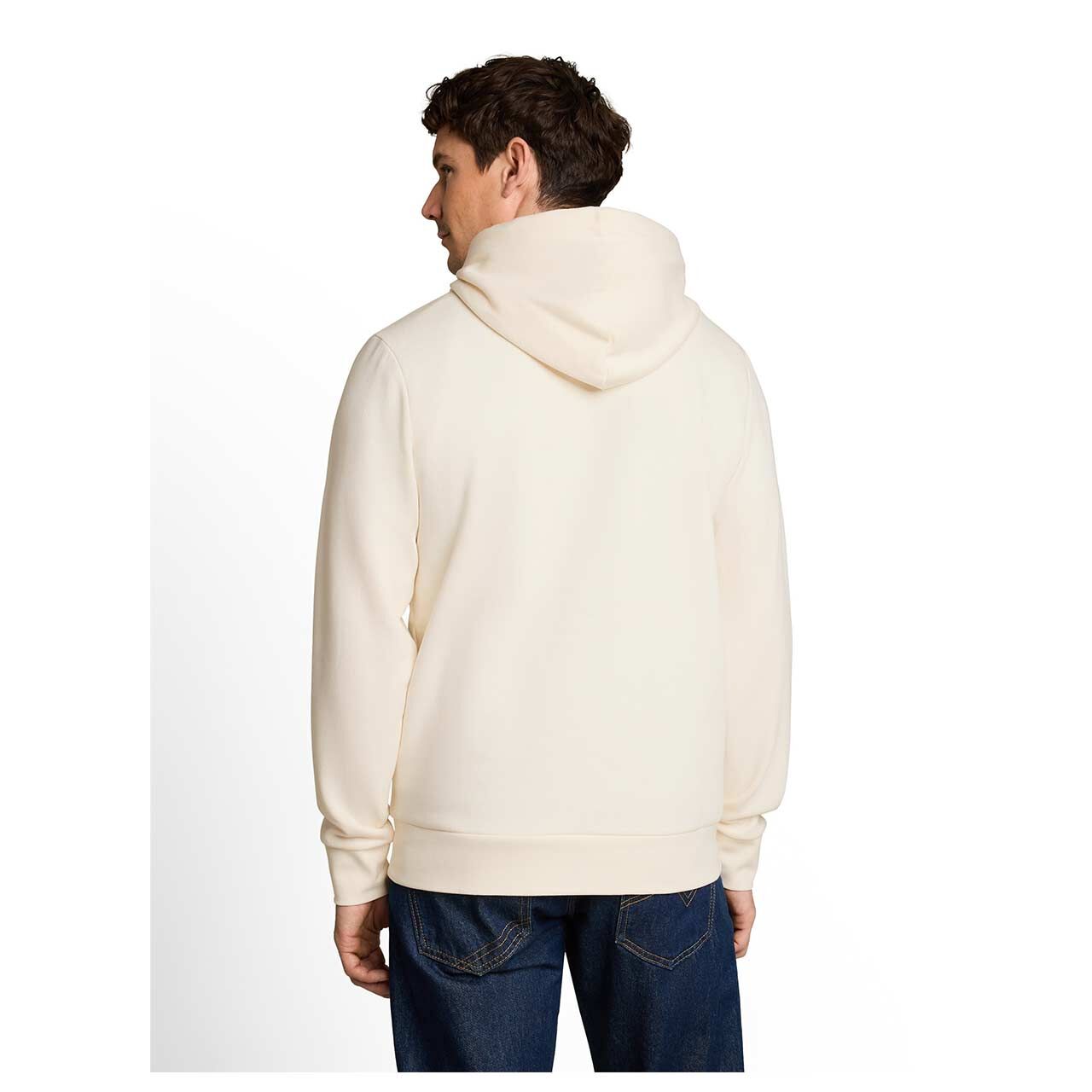Herren Hoodie Sweatshirt von Tom Tailor in Cremeweiß mit Print, Rückansicht am Model