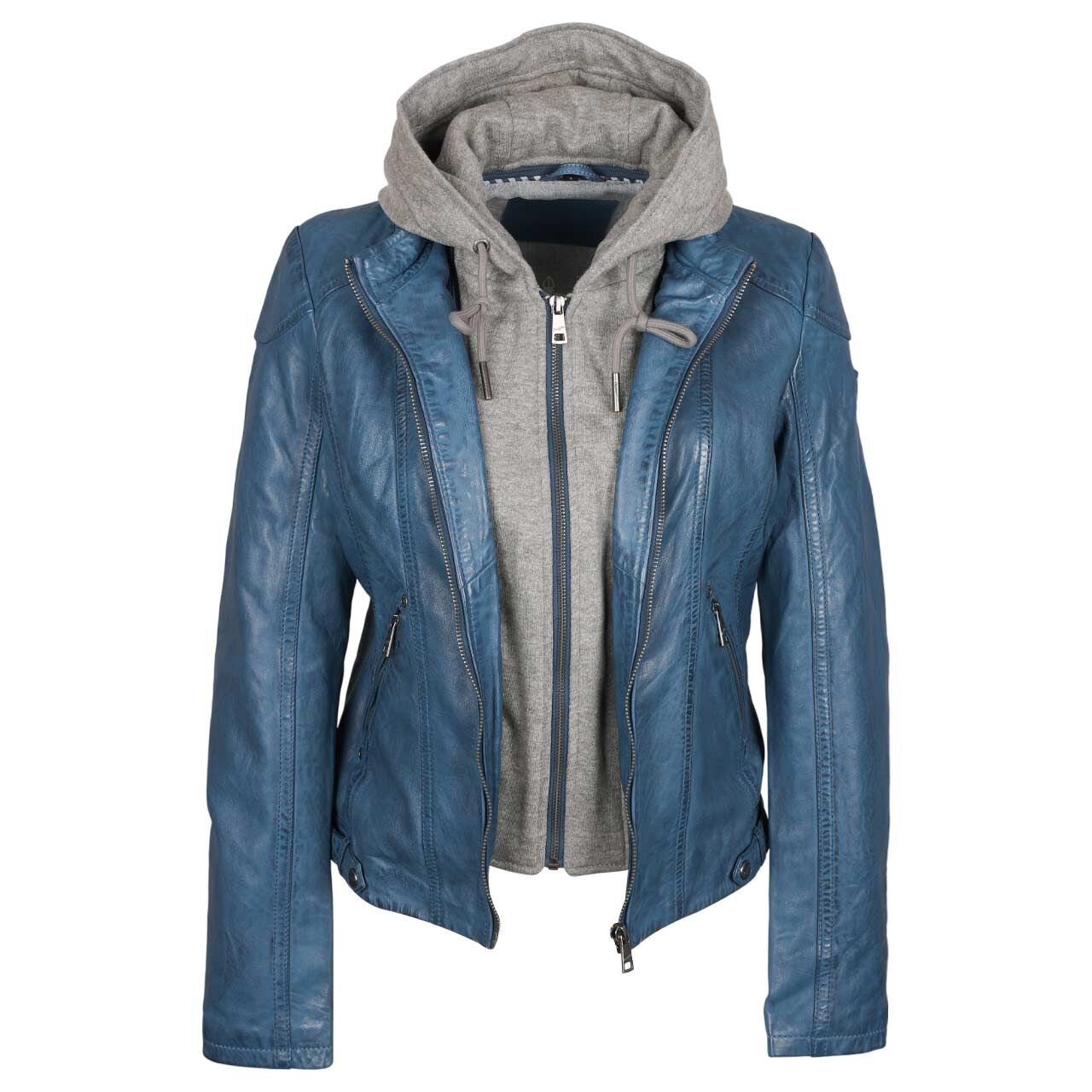 Damen Lederjacke von Mauritius in Blau, Vorderansicht offen
