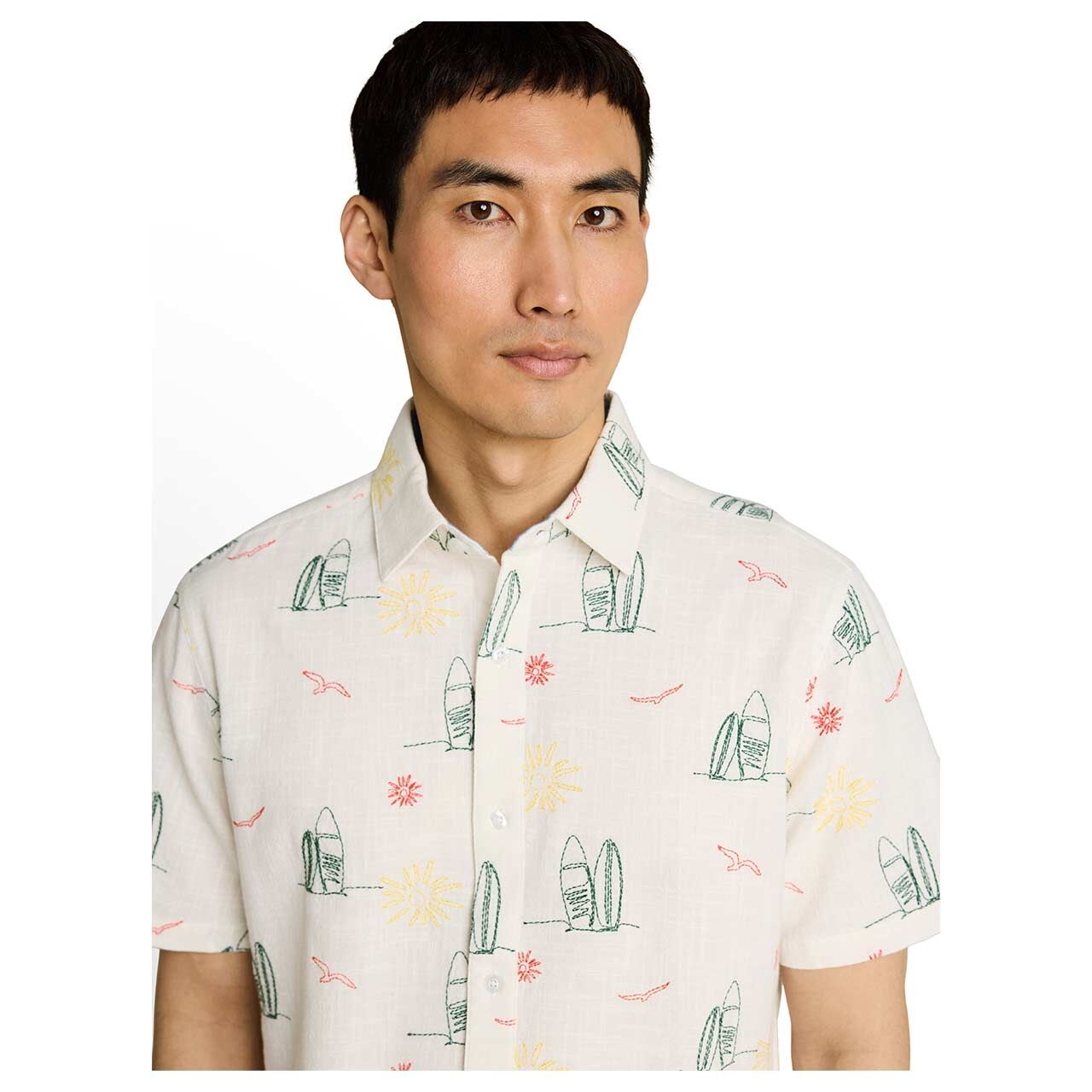Herren 1/2 Arm Hemd von Tom Tailor in Cremeweiß mit Print, detaillierte Vorderansicht am Model