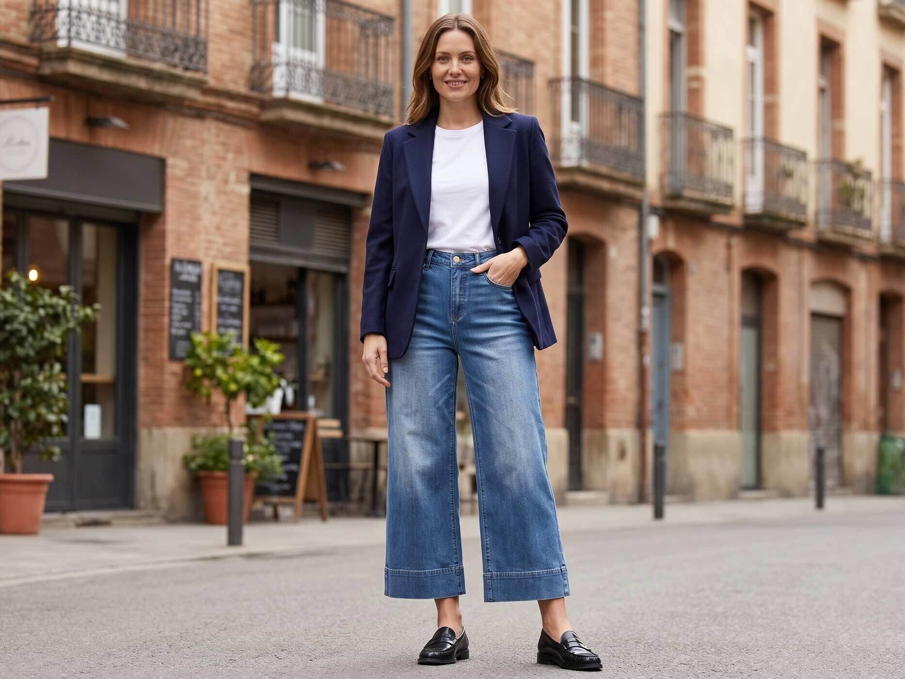 Eine Frau steht vor einem Gebäude. Sie trägt einen blauen Blazer mit weißem T-Shirt. Ihre Jeans ist blau und weit. Sie trägt schwarze Loafer.