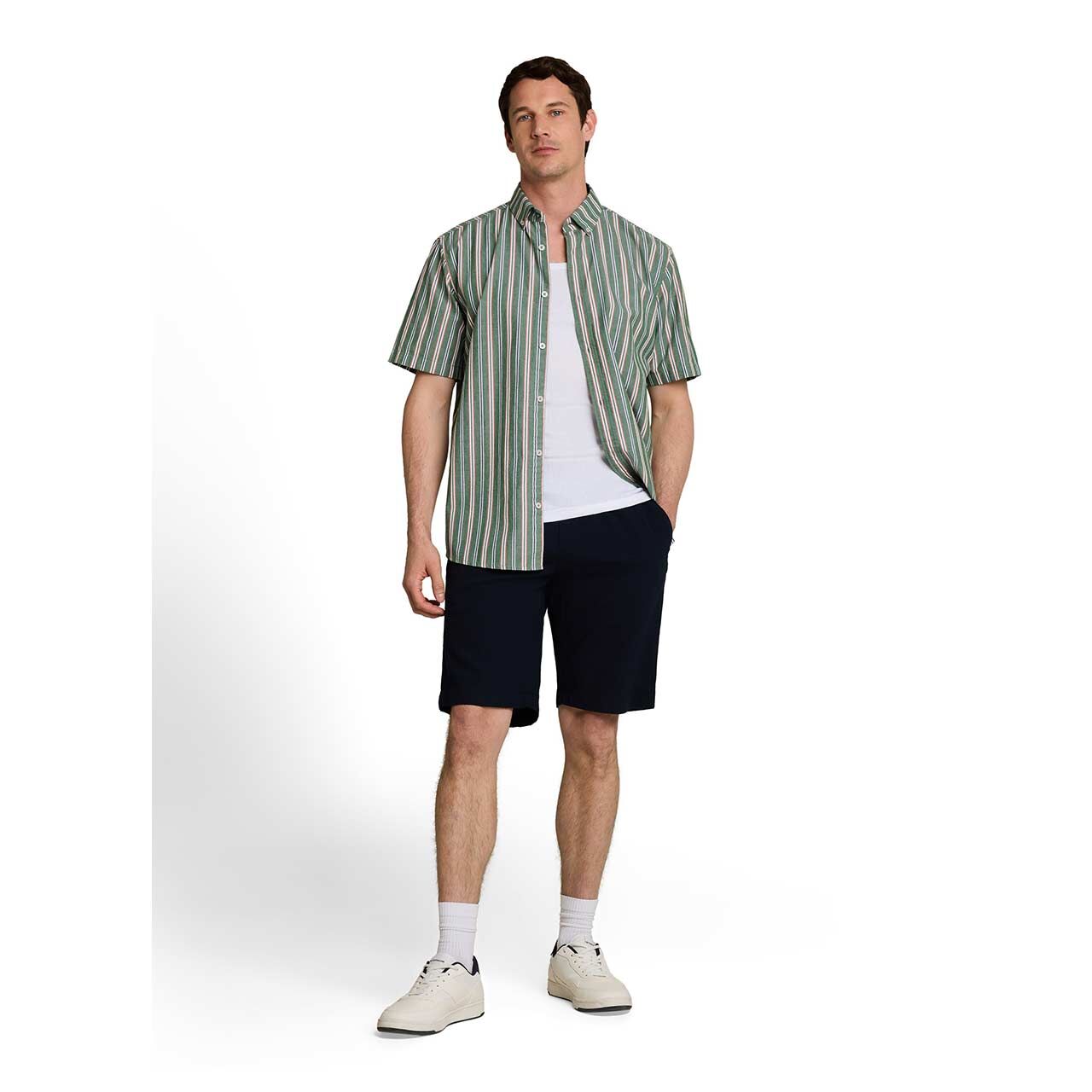 Herren 1/2 Arm Hemd Oxford von Tom Tailor in Grün gestreift, Ganzkörperansicht am Model
