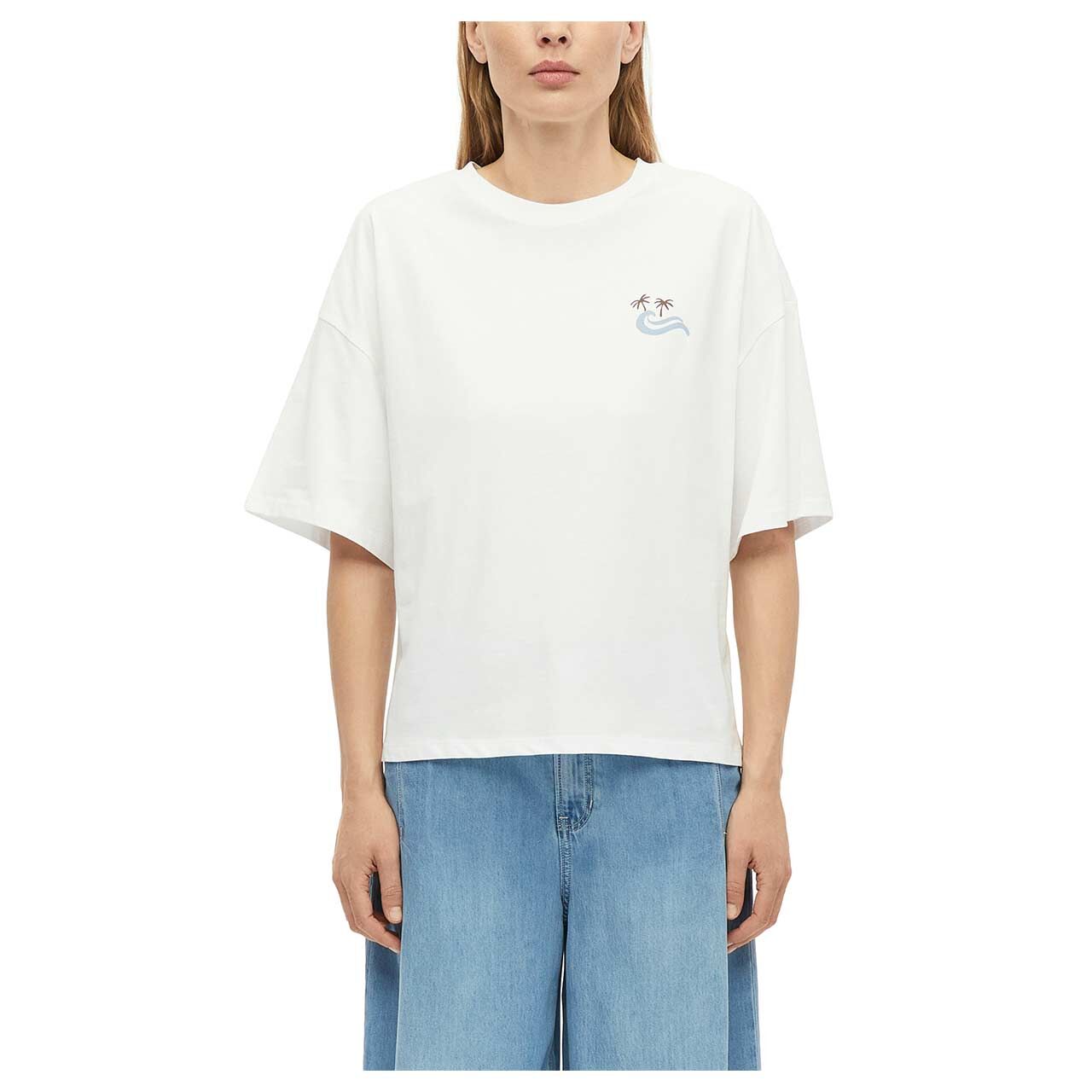 s. Oliver Damen T-Shirt in Weiß mit Print, Vorderansicht am Model