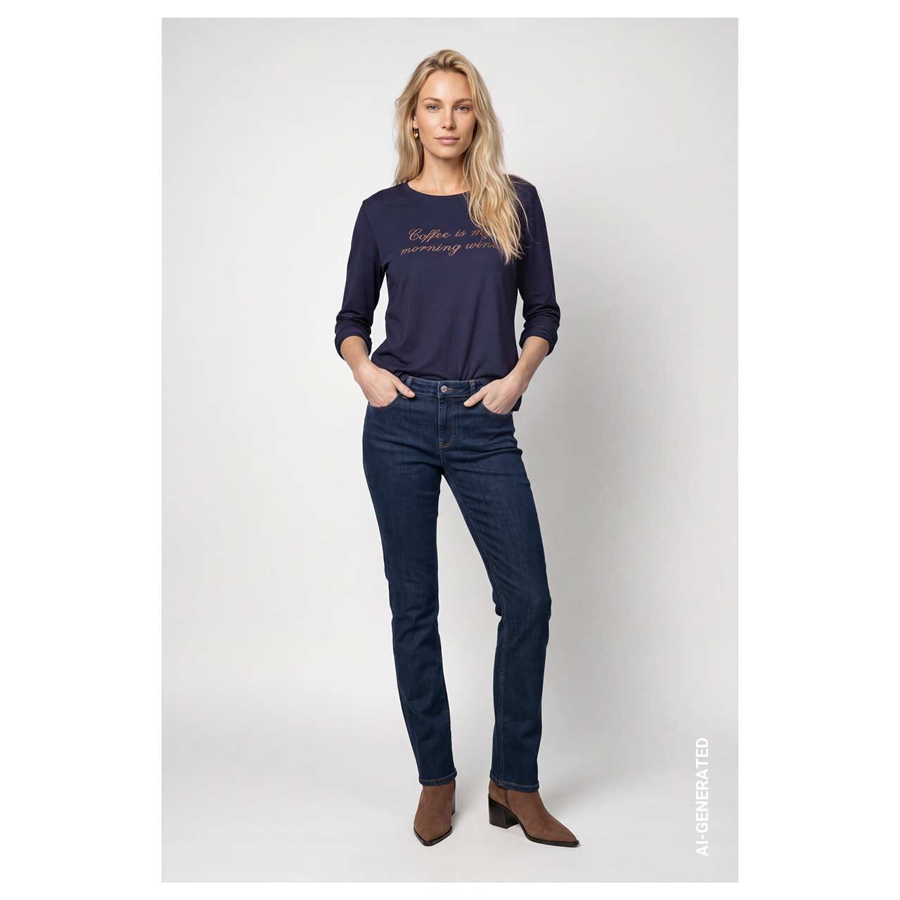 Damen Langarm Shirt von Monari in Dunkelblau mit Print, Ganzkörperansicht am Model