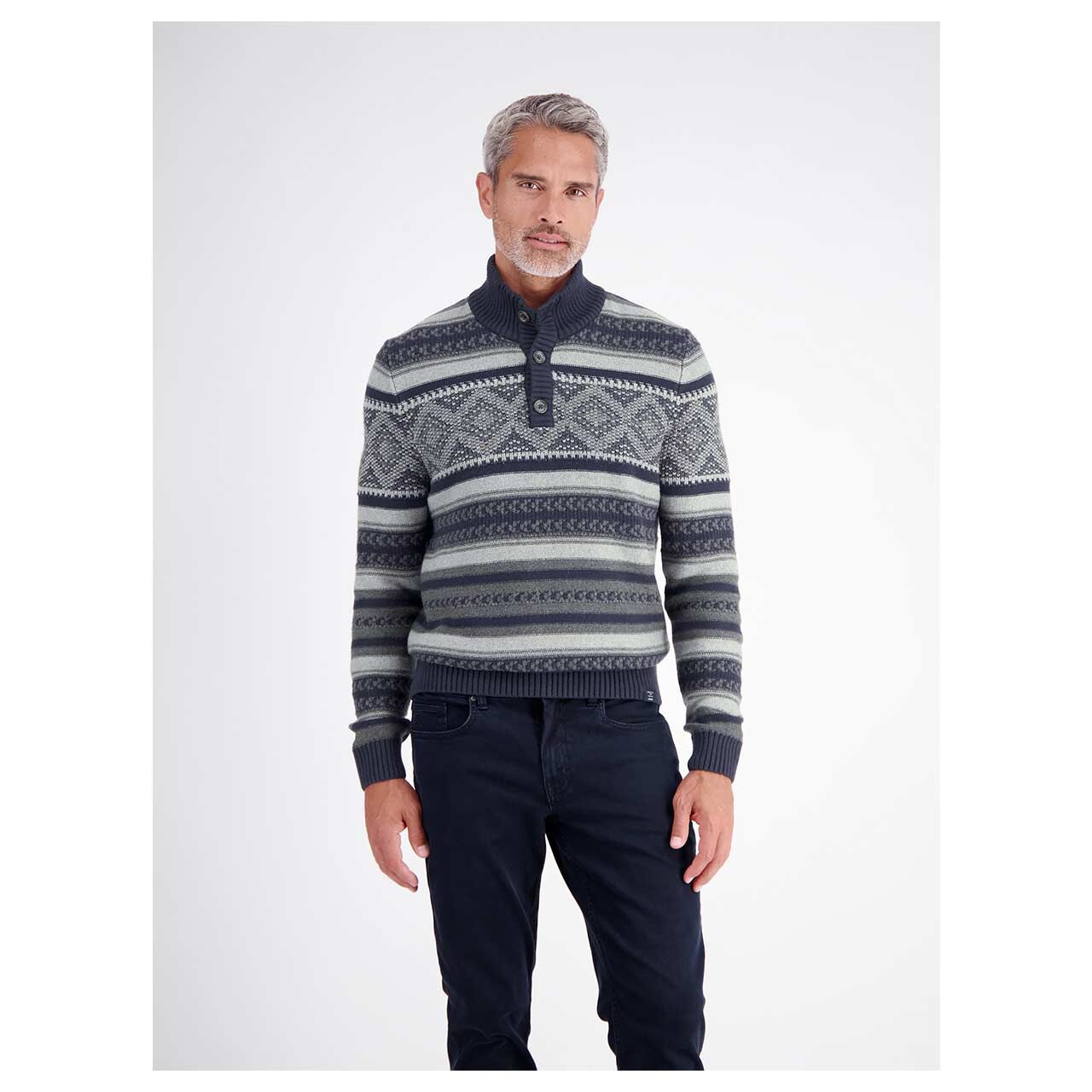 Herren Pullover Troyer von Lerros in Dunkelblau mit Print, Vorderansicht am Model