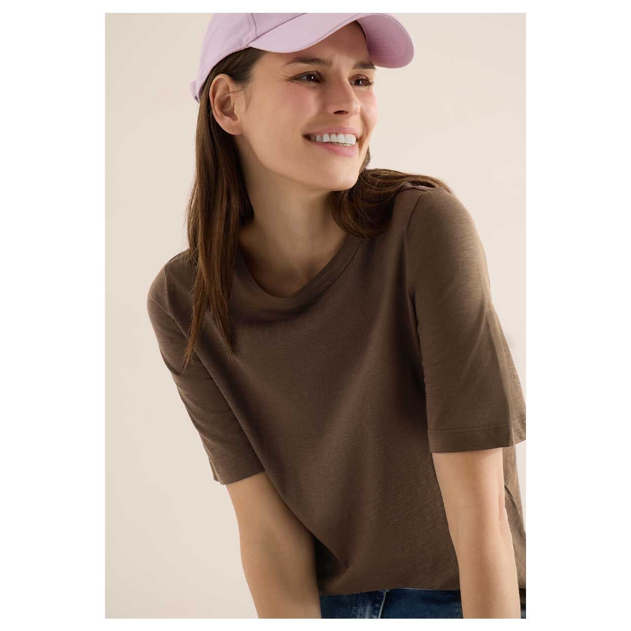 Damen T-Shirt Solid Slubyarn von Cecil in Dunkelbraun meliert, detaillierte Ganzkörperansicht am Model