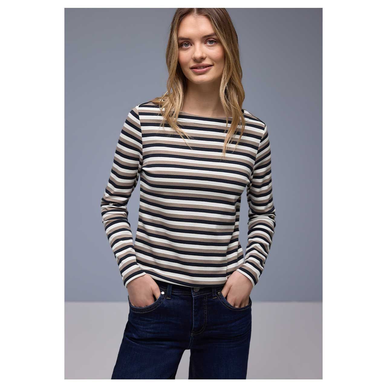 Damen Langarm Shirt Multicolor U-Boat von Street One in Dunkelblau gestreift, Vorderansicht am Model