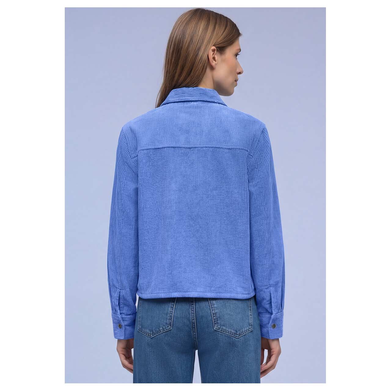 Damen Langarm Cord Bluse Corduroy Shirtcollar von Street One in Blau, Rückansicht am Model