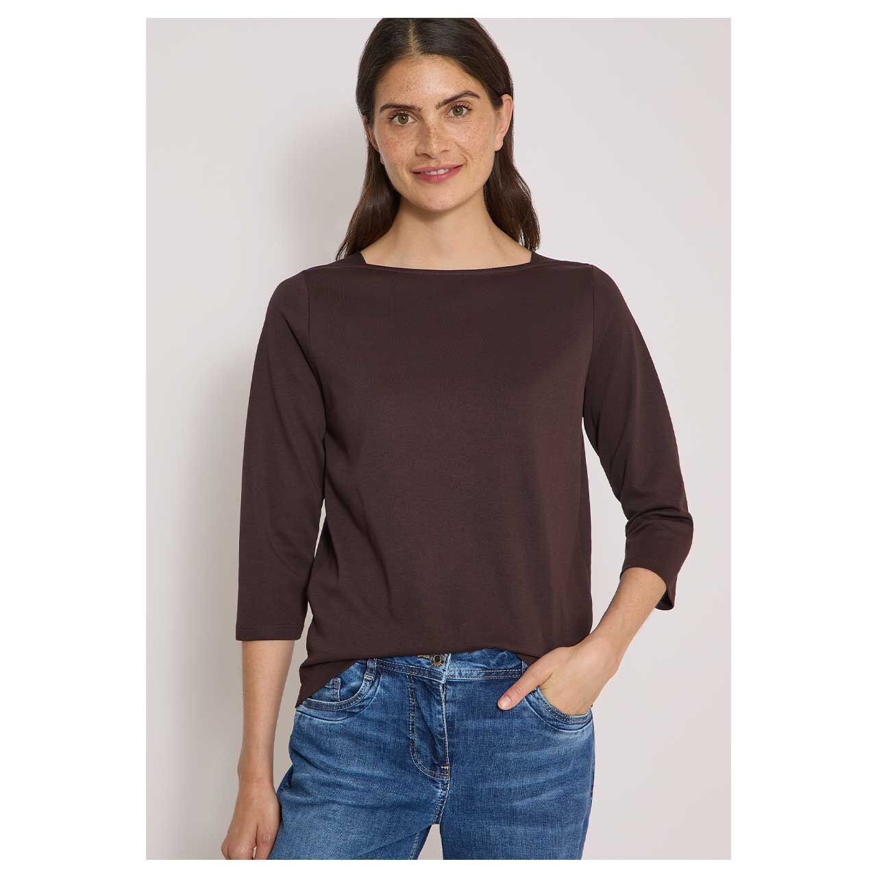 Damen 3/4 Arm Shirt Basic Boatneck von Cecil in Dunkelbraun, Vorderansicht am Model