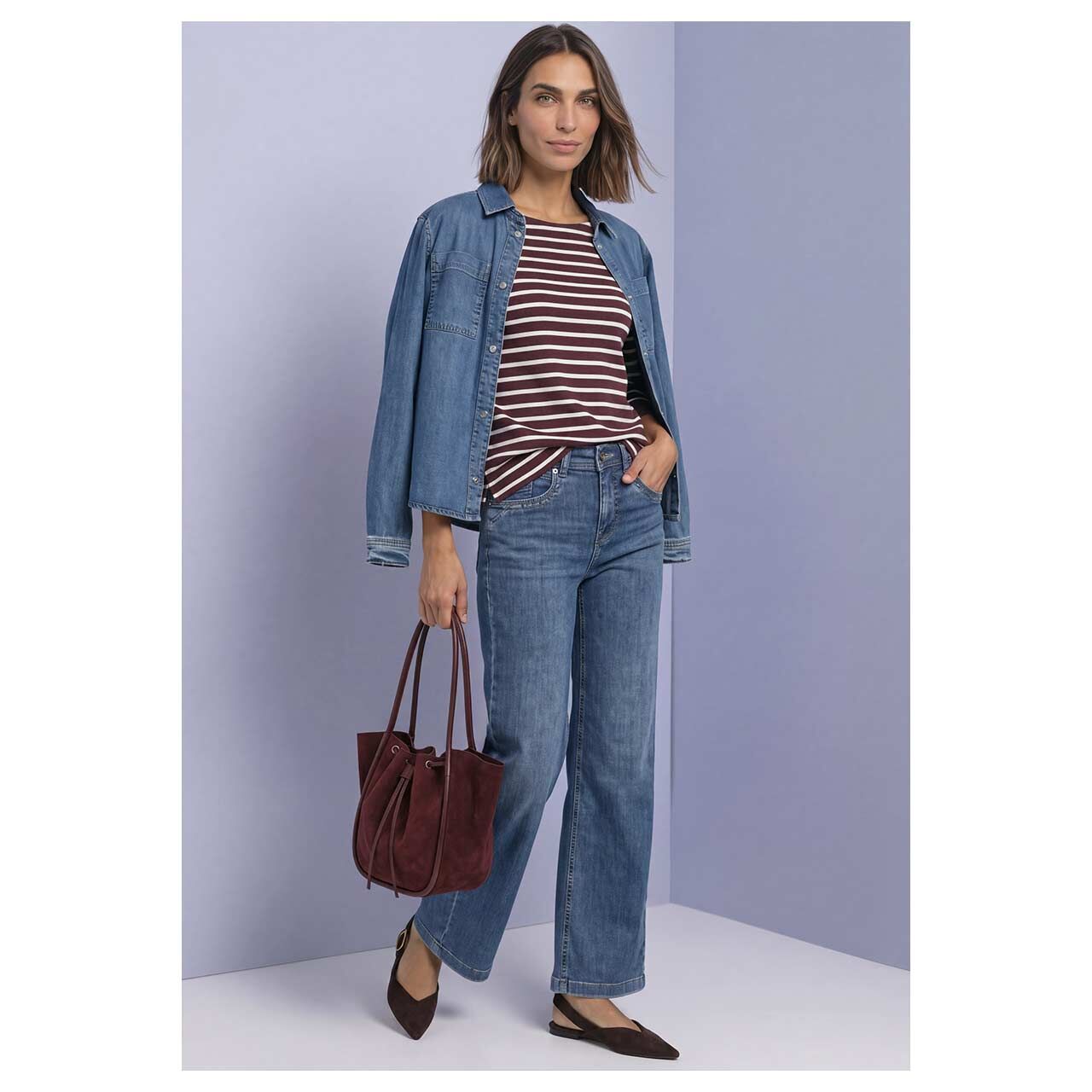 Damen 3/4 Arm Shirt Basic U-Boat von Street One in Lila gestreift, Ganzkörperansicht am Model