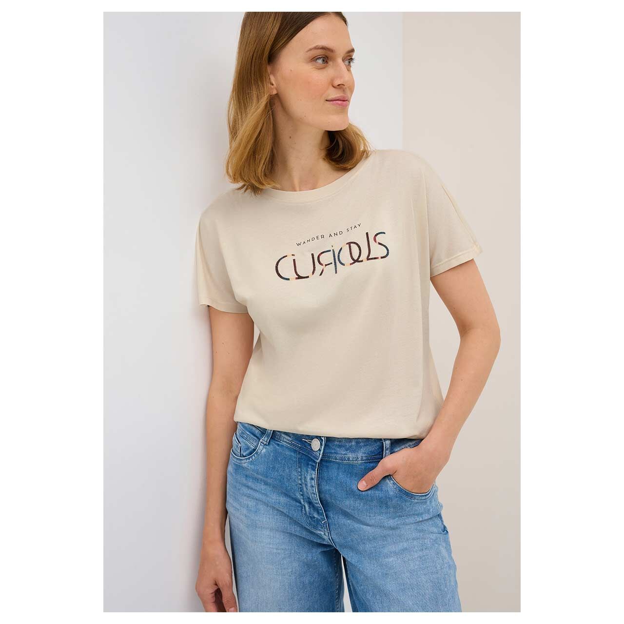 Damen T-Shirt Multicolor Curious von Cecil in Beige, Vorderansicht mit Model