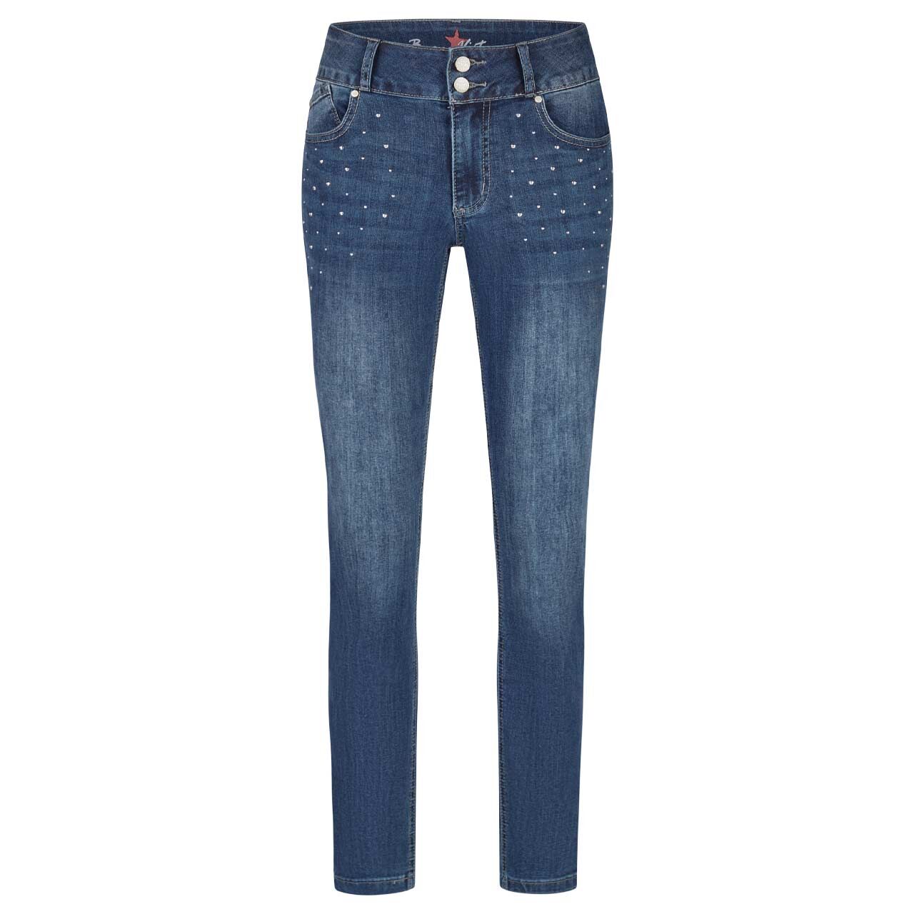 Damen Ankle Jeans Tummyless Cropped Stretch Denim von Buena Vista in Blau angewaschen, Vorderansicht