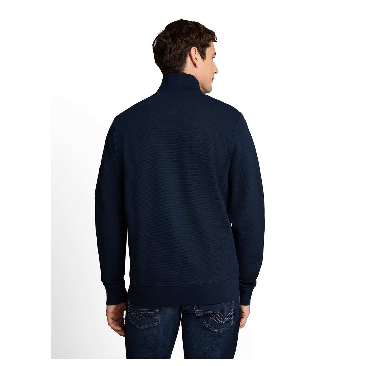 Herren Sweatjacke Structured Stand-Up von Tom Tailor in Dunkelblau, Rückansicht am Model