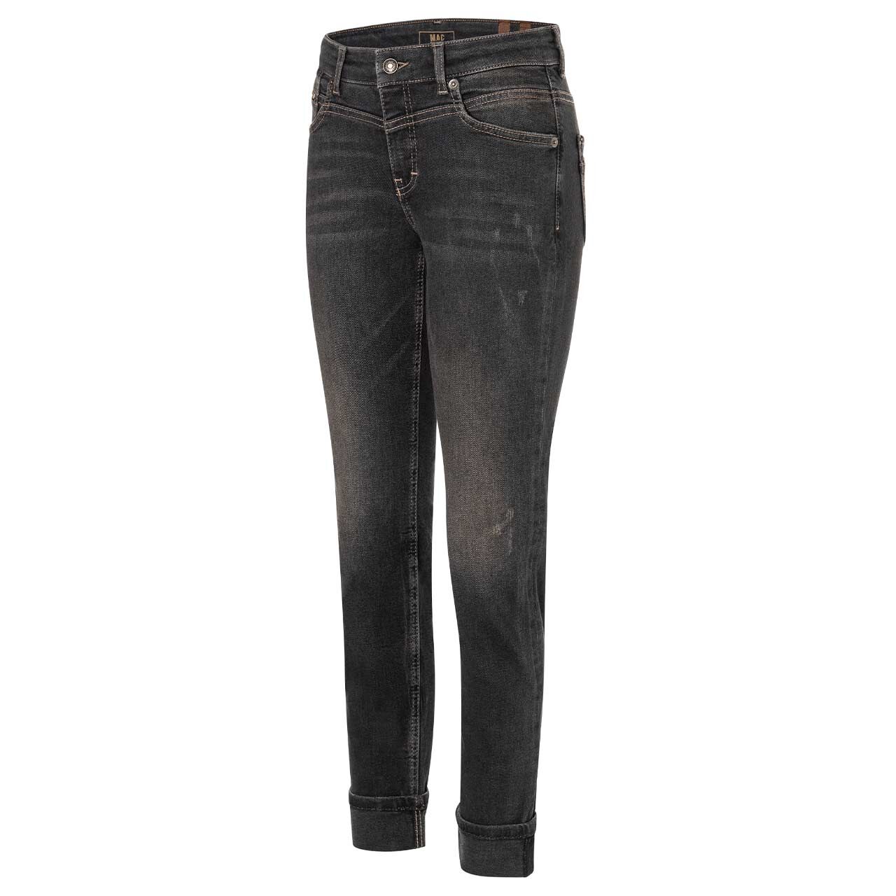 Stretch Damenjeans Rich Slim von MAC in Dunkelgrau angewaschen mit Destroyed-Effekten, Seitansicht