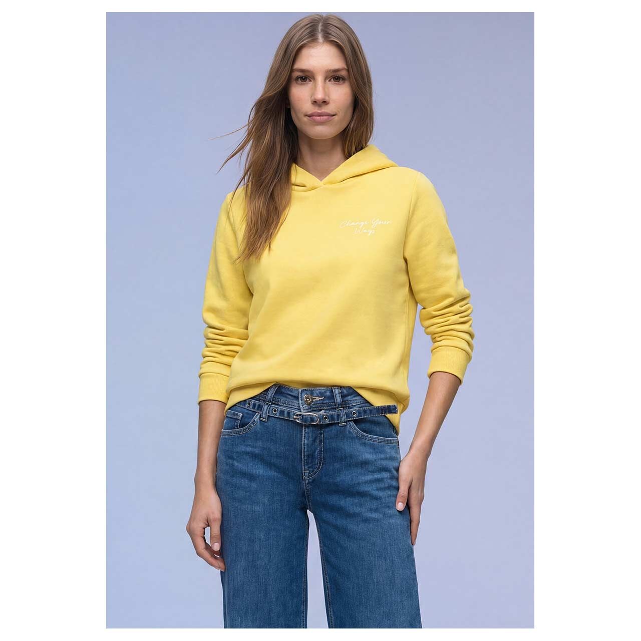 Damen Hoodie Sweatshirt Backprint von Street One in Gelb mit Print, Vorderansicht am Model