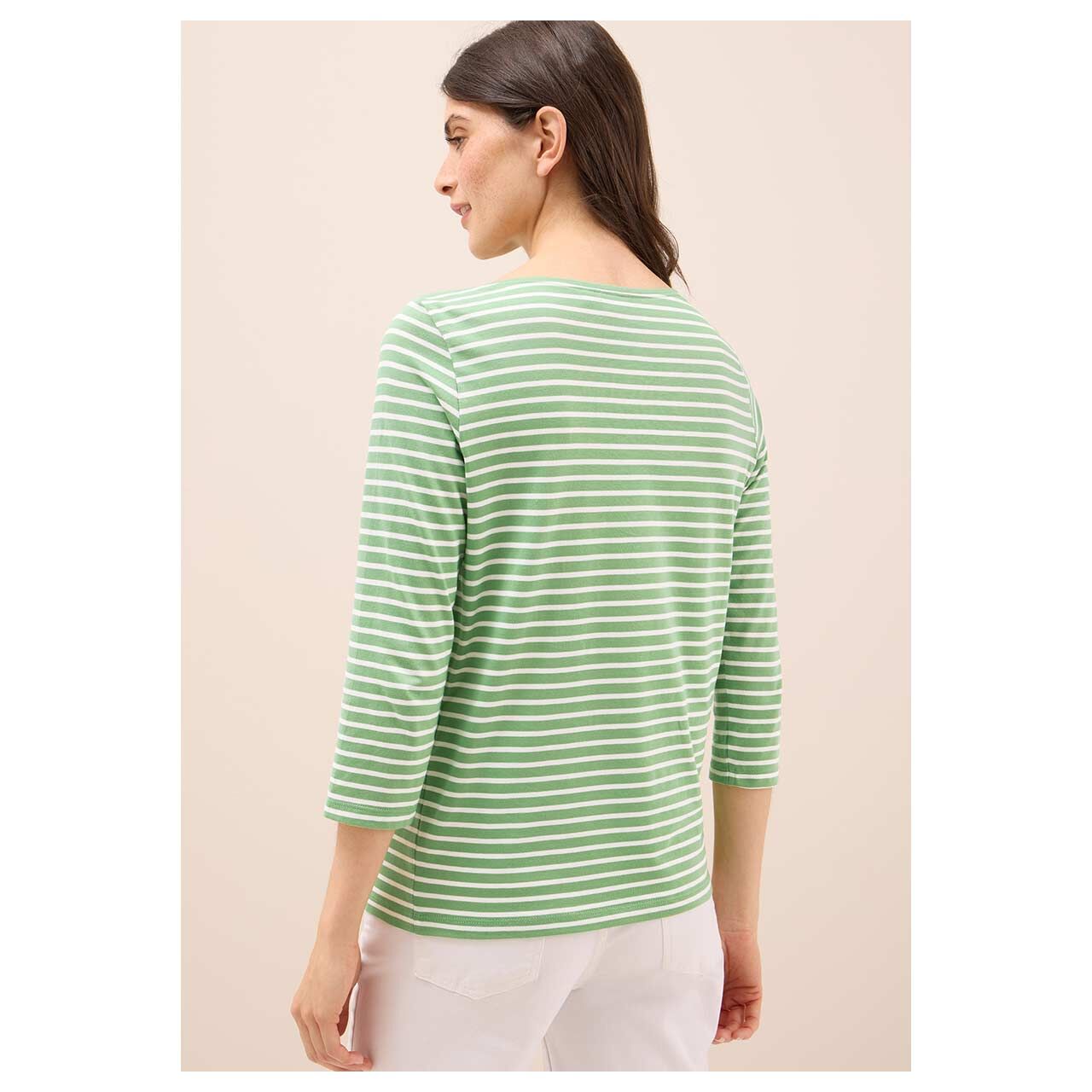 Damen 3/4 Arm Shirt Basic Stripe Boatneck von Cecil in Grün gestreift, Rückansicht am Model
