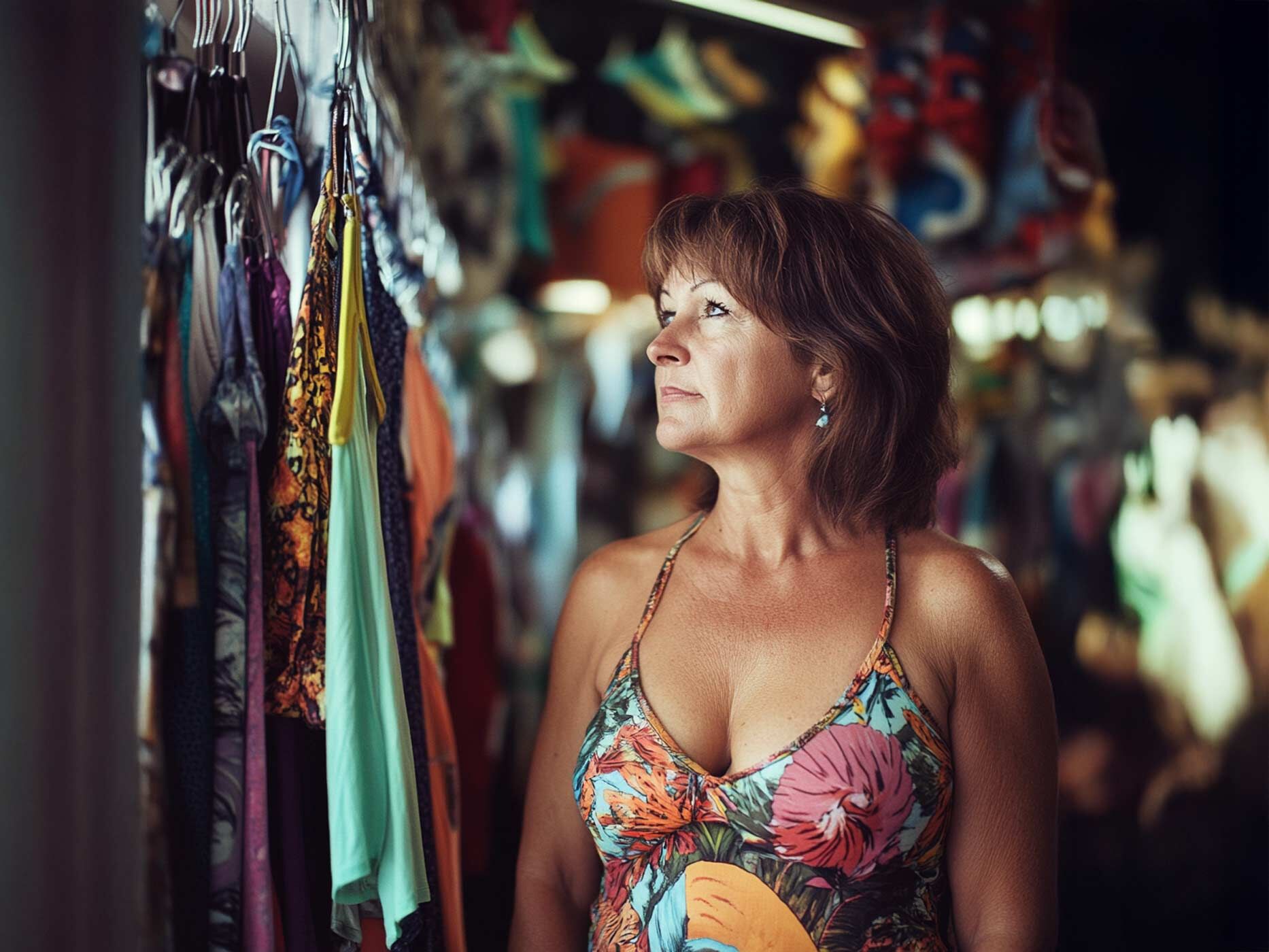 Frau guckt sich nach Bikinis im Shop um