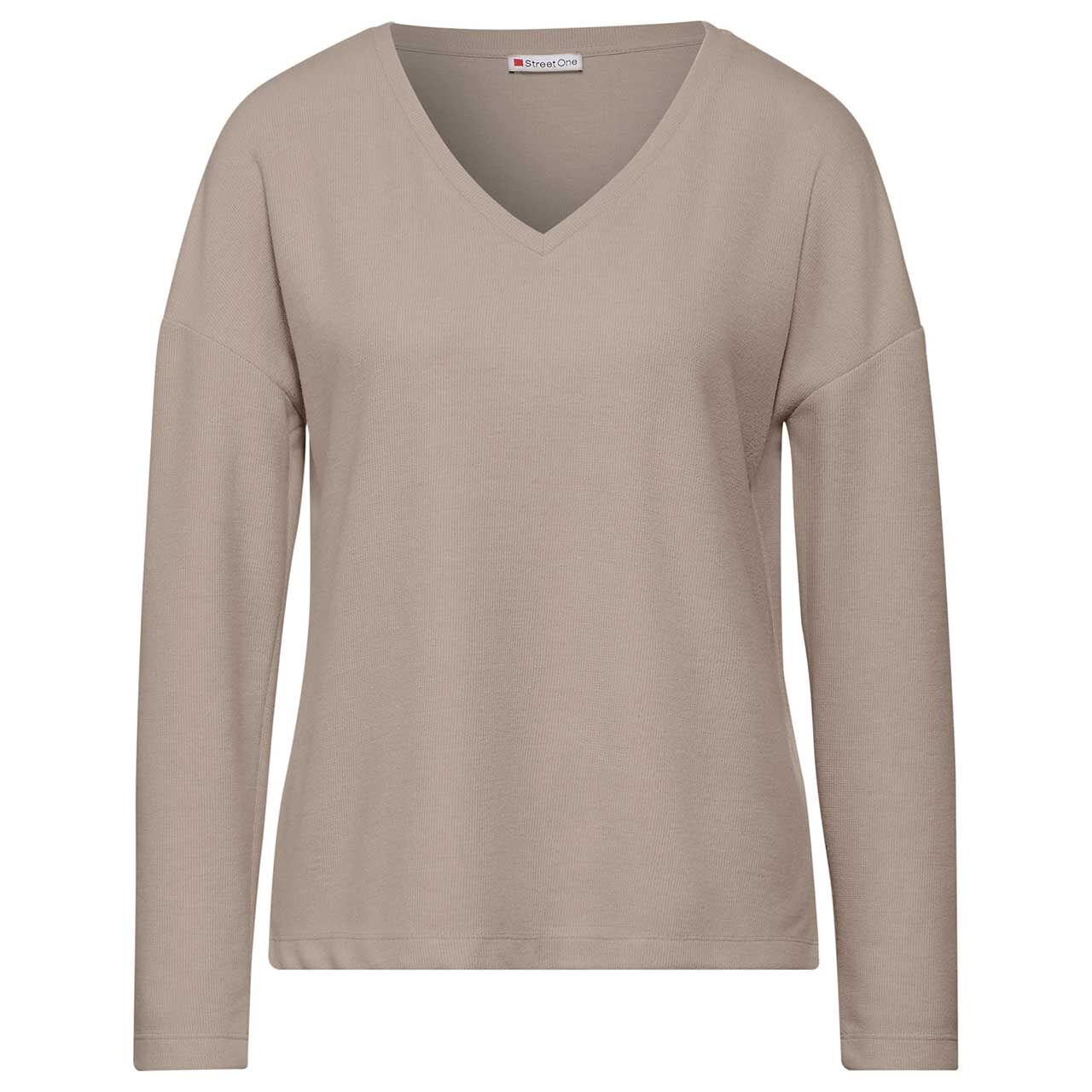 Street One Damen Langarm Shirt Cosy V-neck honey sand melange