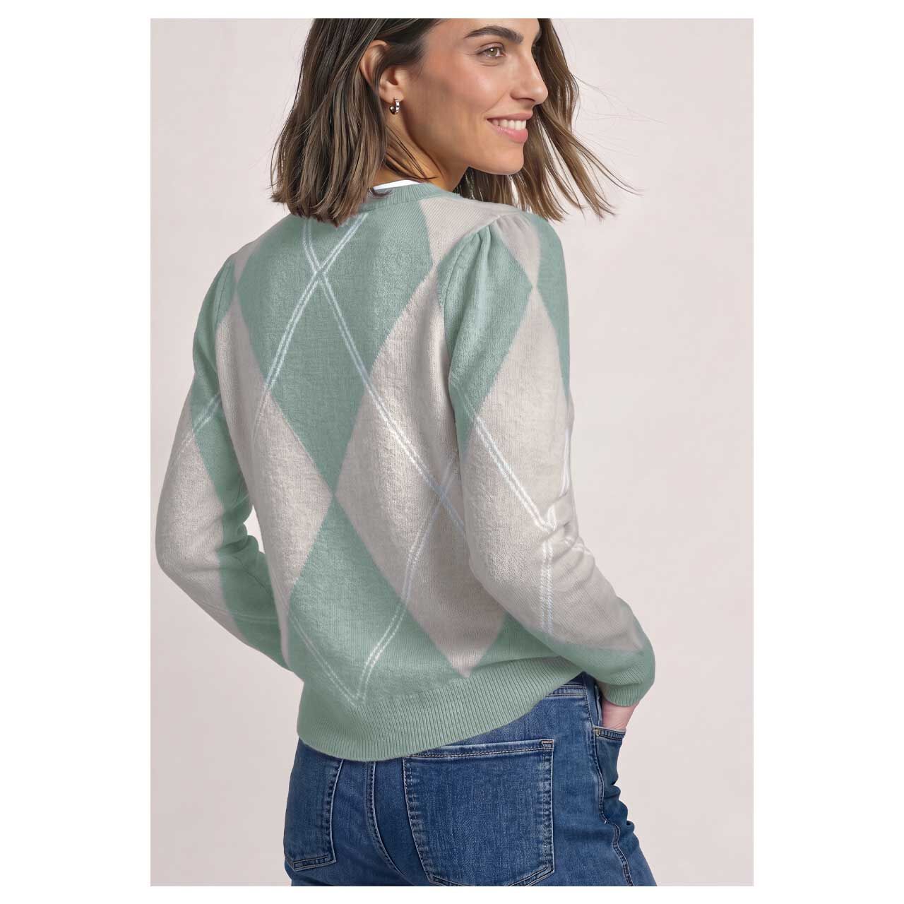 Damen Pullover Cosy Sweater Intarsia von Street One in Grün mit Print, Rückansicht am Model