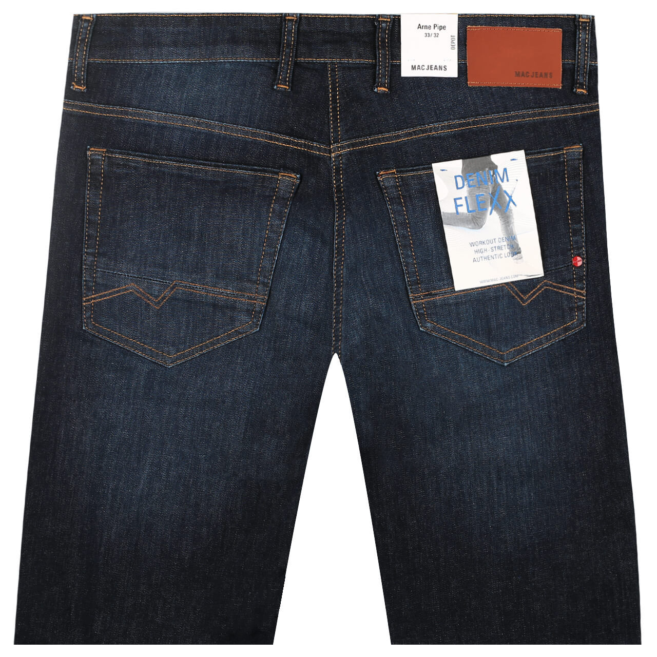 mac-arne-pipe-jeans-darkblue-H781-hinten Stretch Herrenjeans Arne Pipe Flexx von MAC in Dunkelblau verwaschen, detaillierte Rückansicht