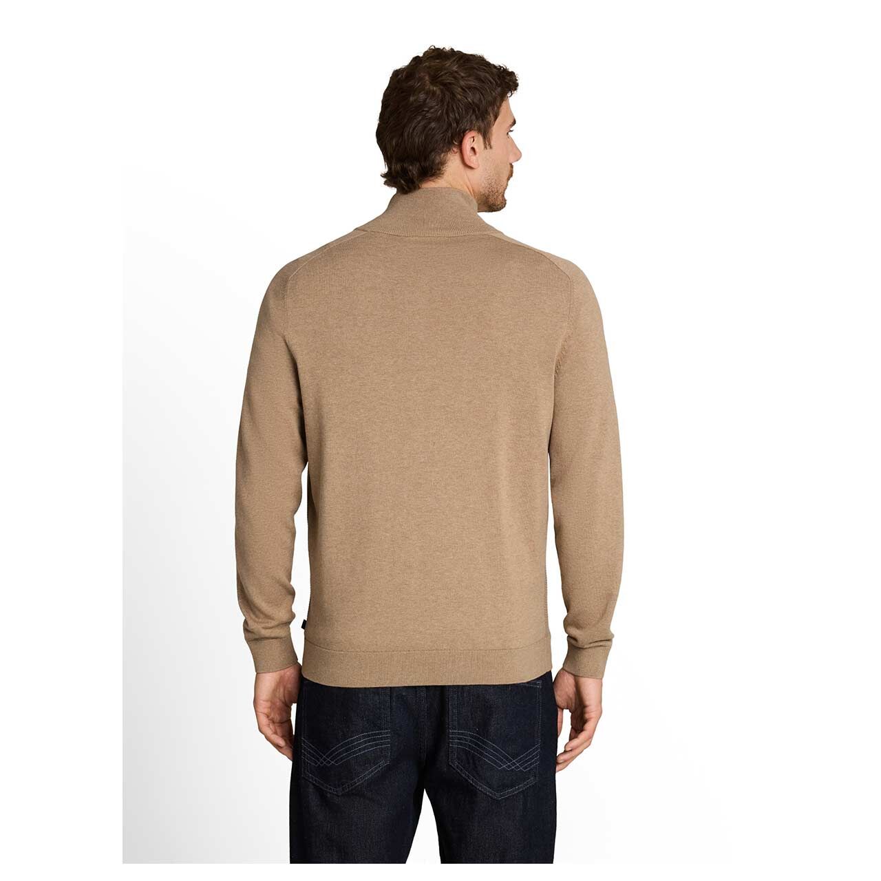Herren Strickjacke Basic Zip Jacket Knit von Tom Tailor in Sandbraun meliert, Rückansicht am Model