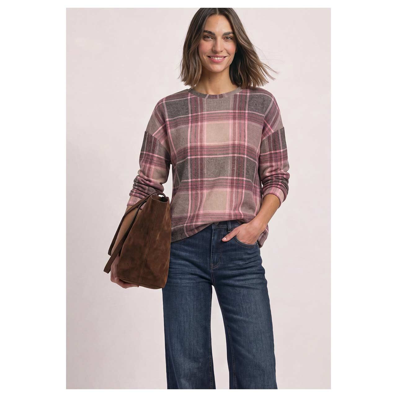 Damen Langarm Shirt Printed Soft Round Neck von Street One in Beige mit Print, Vorderansicht am Model