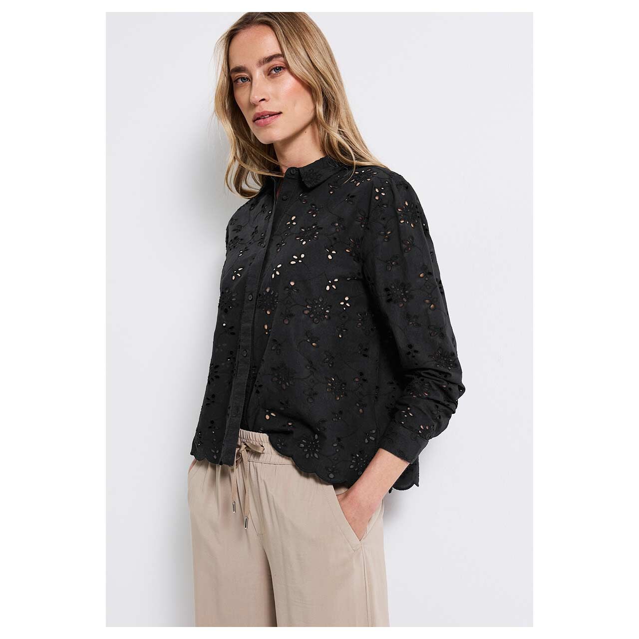 Street One Damen Langarm Bluse Allover Crochet black