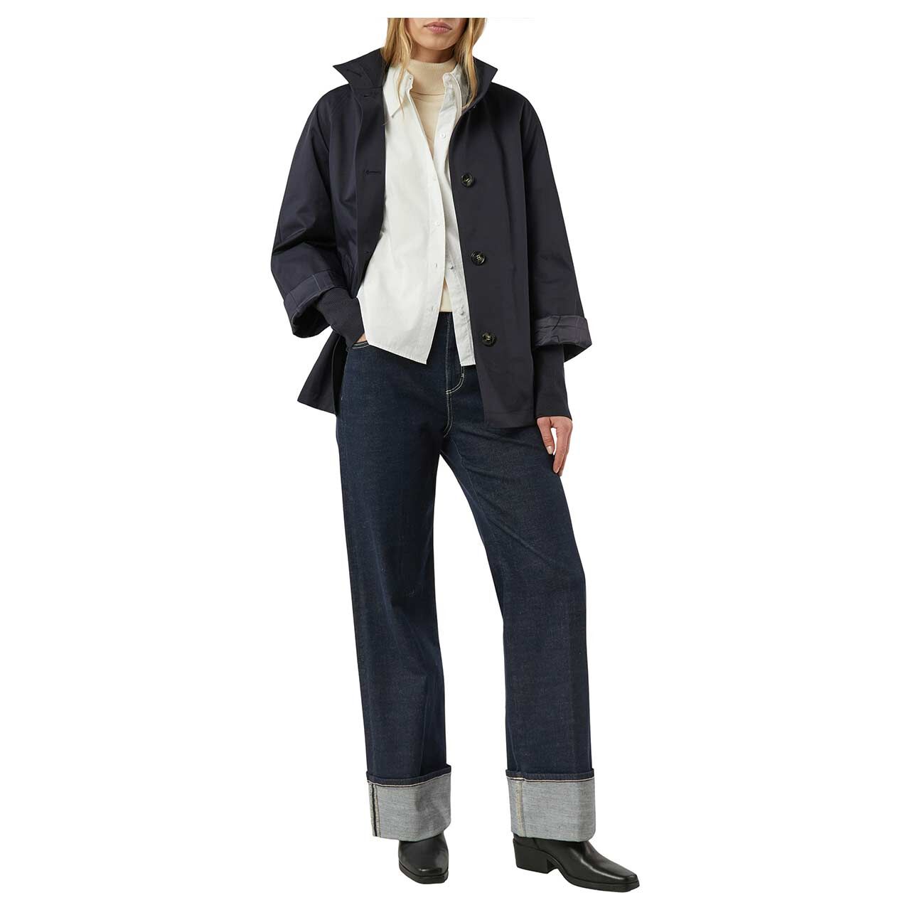 Damen Kurzmantel von Comma in Dunkelblau, Ganzansicht am Model