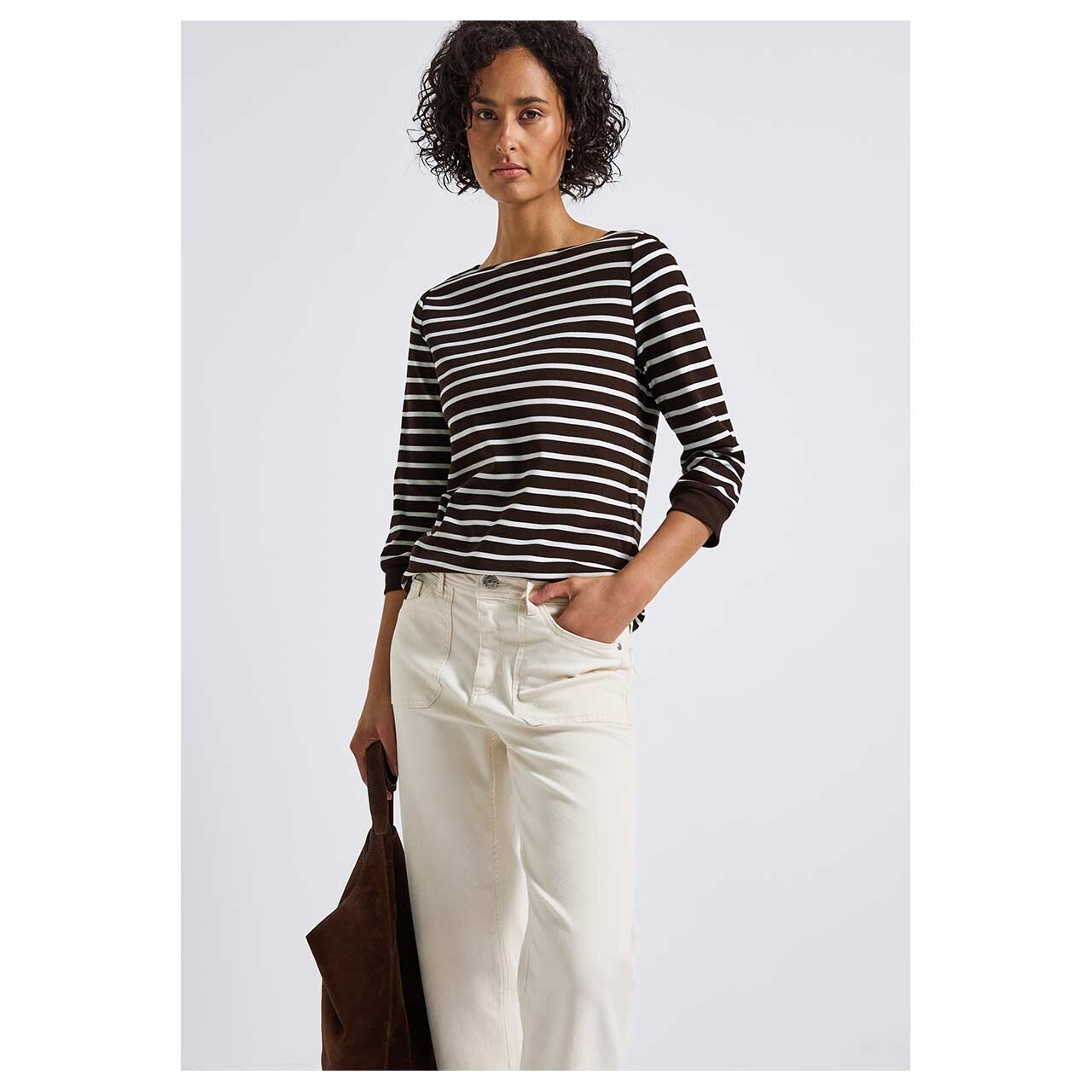 Damen 3/4 Arm Shirt Basic U-Boat von Street One in Dunkelbraun gestreift, Vorderansicht am Model