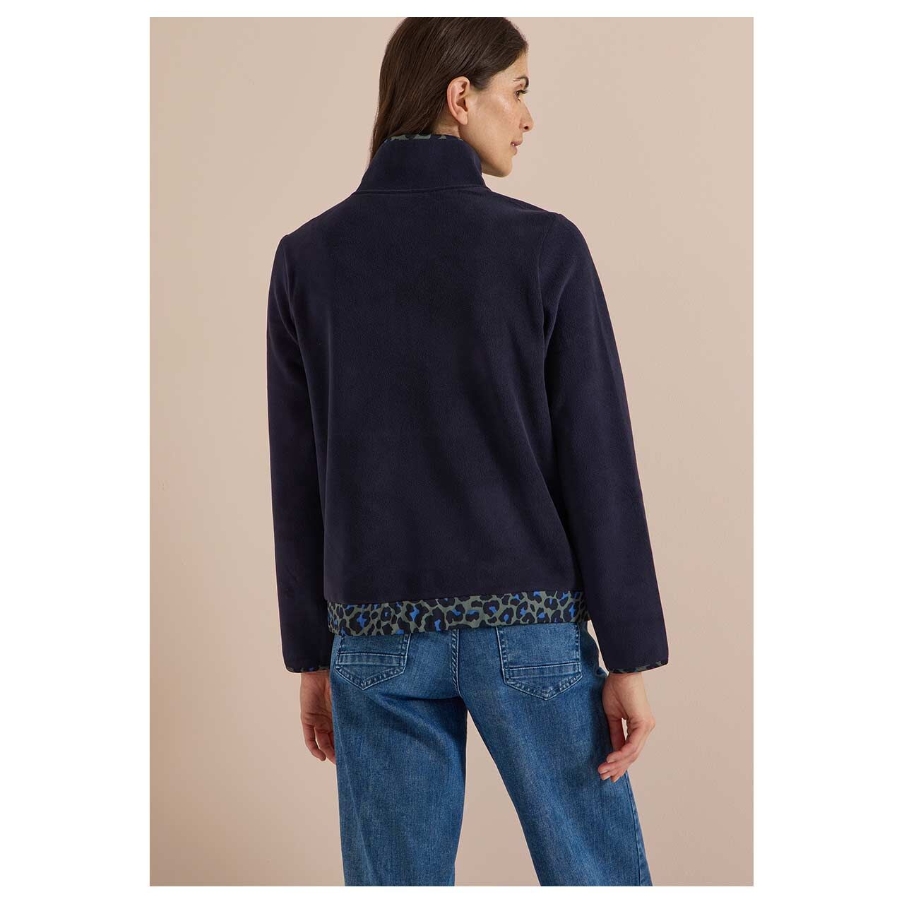 Damen Sweatshirt Troyer Fleece von Cecil in Dunkelblau mit Print, Rückansicht am Model