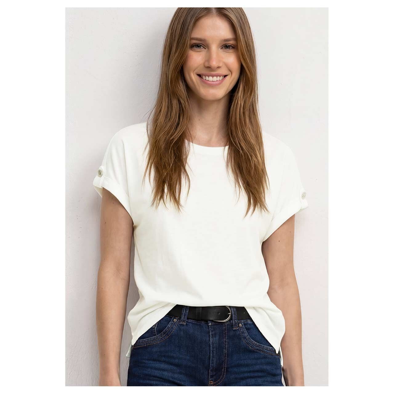 Damen T-Shirt Basic Deco Buttons von Street One in Cremeweiß meliert, Vorderansicht am Model