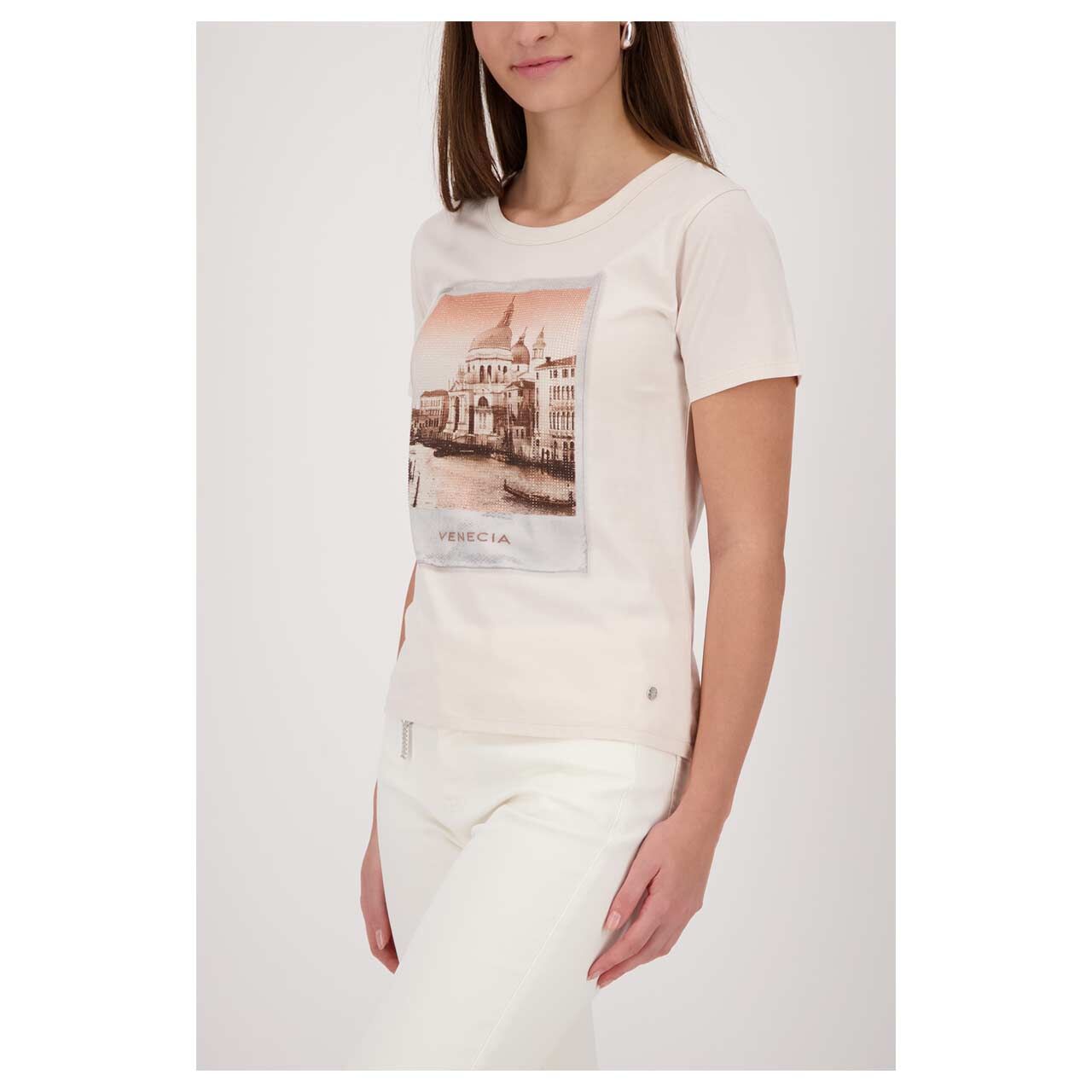 Damen T-Shirt von Monari in Beige mit Print, Seitenansicht am Model
