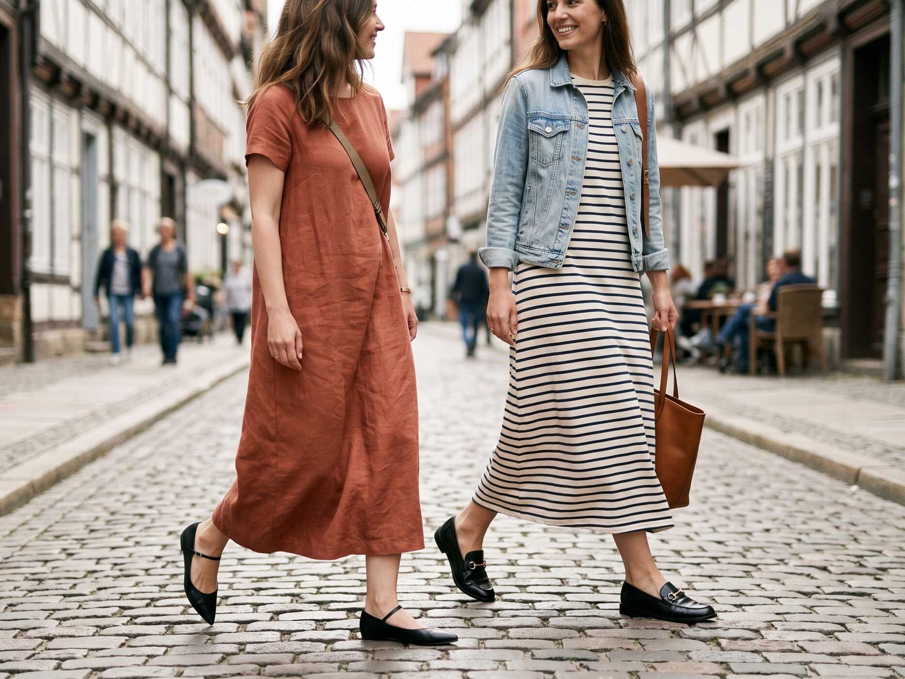 Zwei Frauen tragen lockere Midikleider in Rostbraun und Creme mit dunkelblauen Streifen, kombiniert mit flachen schwarzen Schuhen.