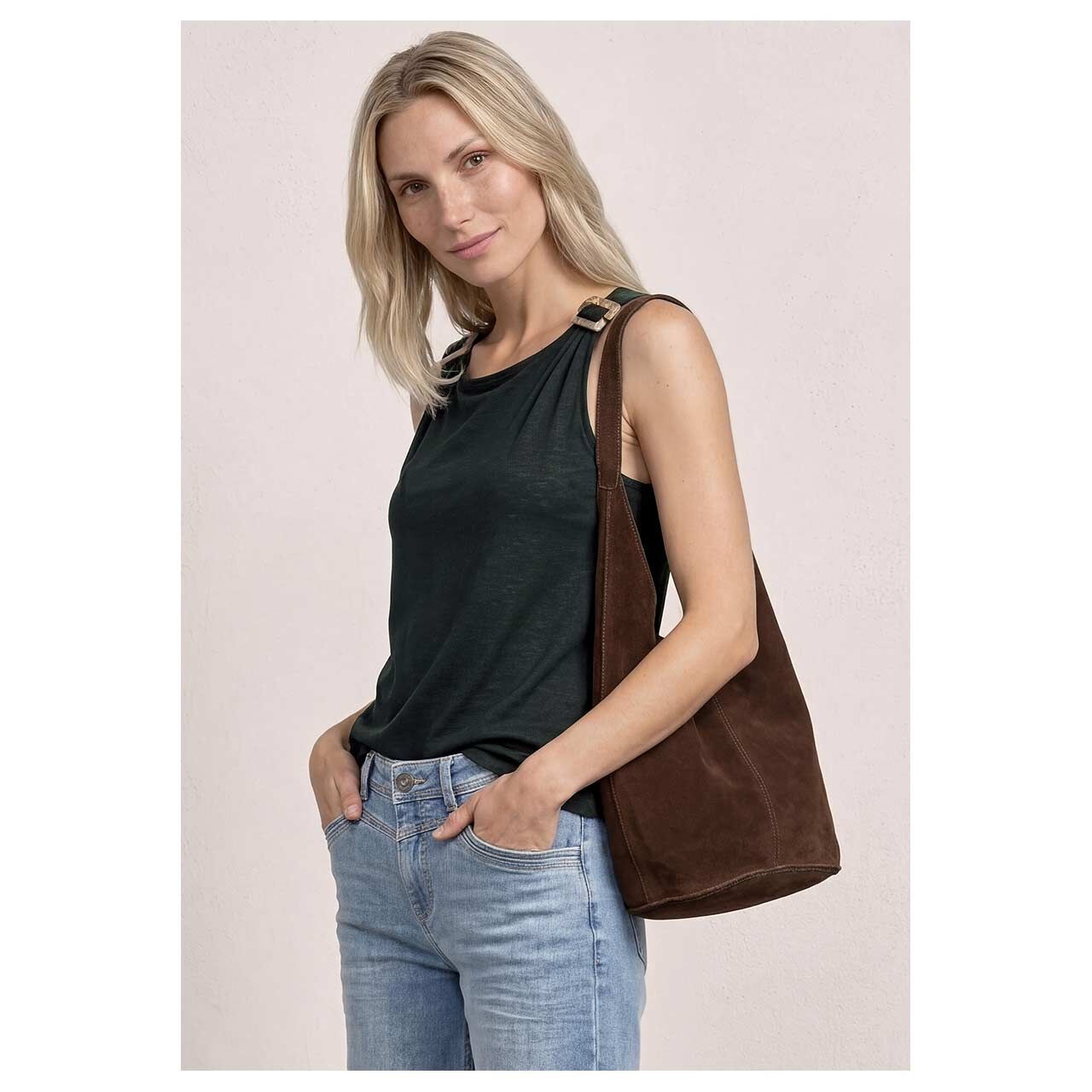 Damen Top Jersey von Street One in Dunkelgrün meliert, Vorderansicht am Model