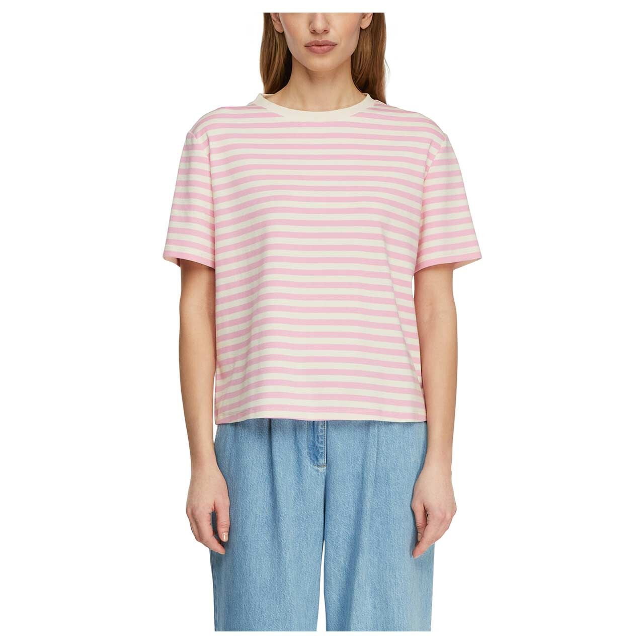Damen T-Shirt von Comma in Rosa gestreift, Vorderansicht am Model