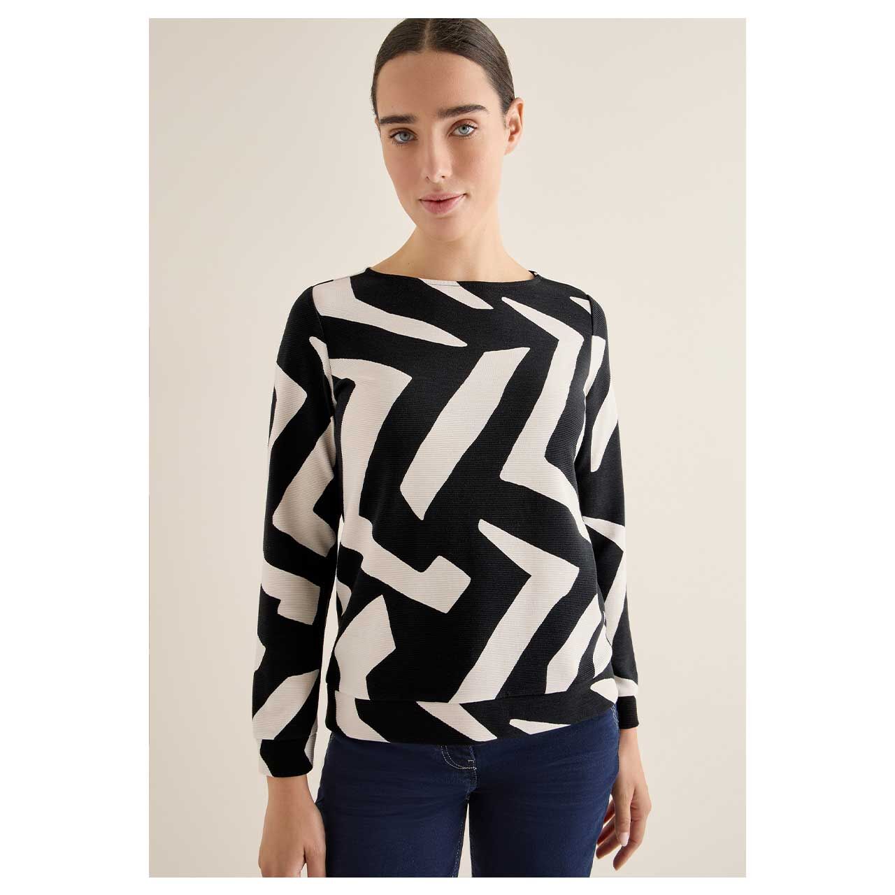 Damen Langarm Shirt Big Print Ottoman von Cecil in Greige mit Print, Vorderansicht am Model