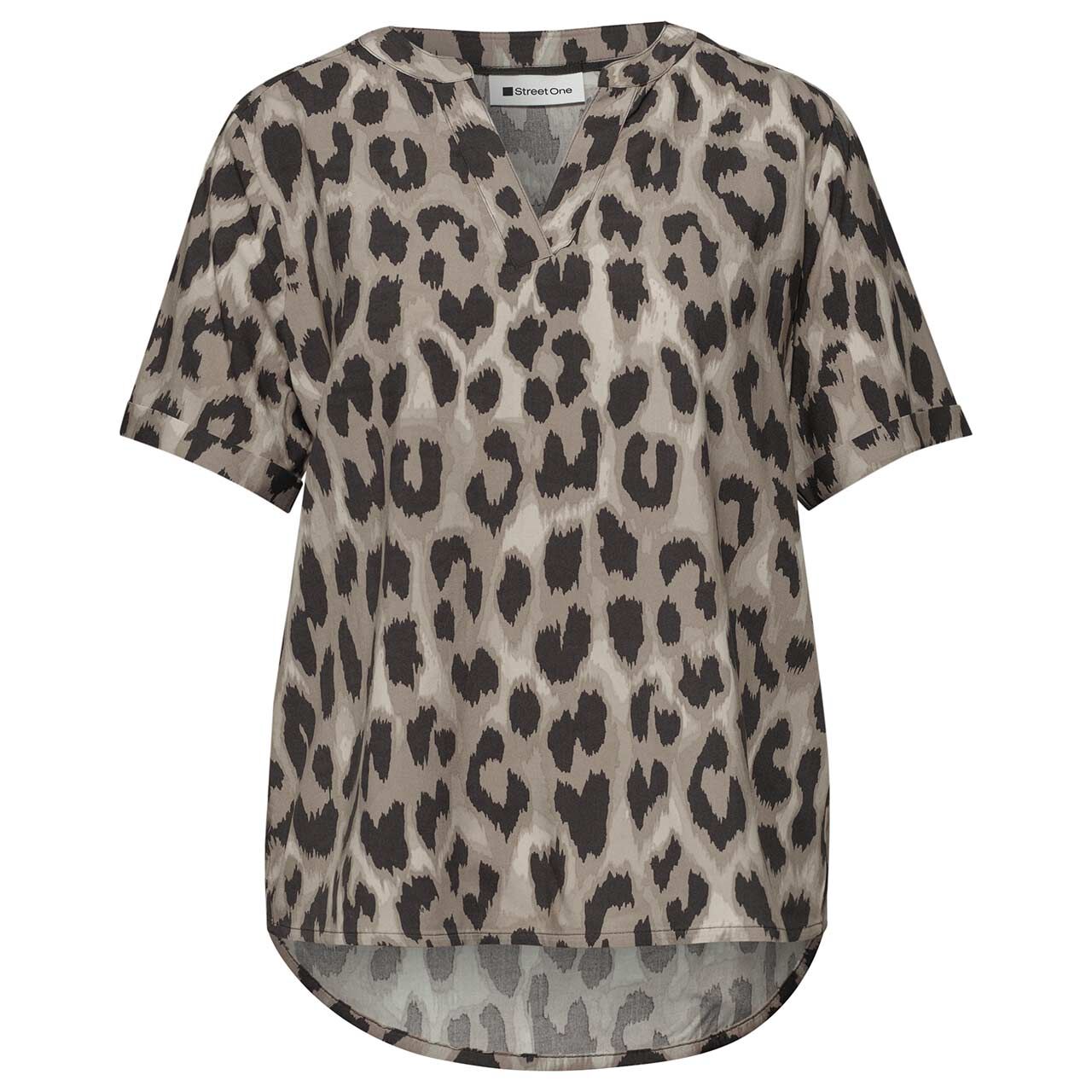 Street One Damen Kurzarm Bluse Splitneck Turn-Up timeless beige print
