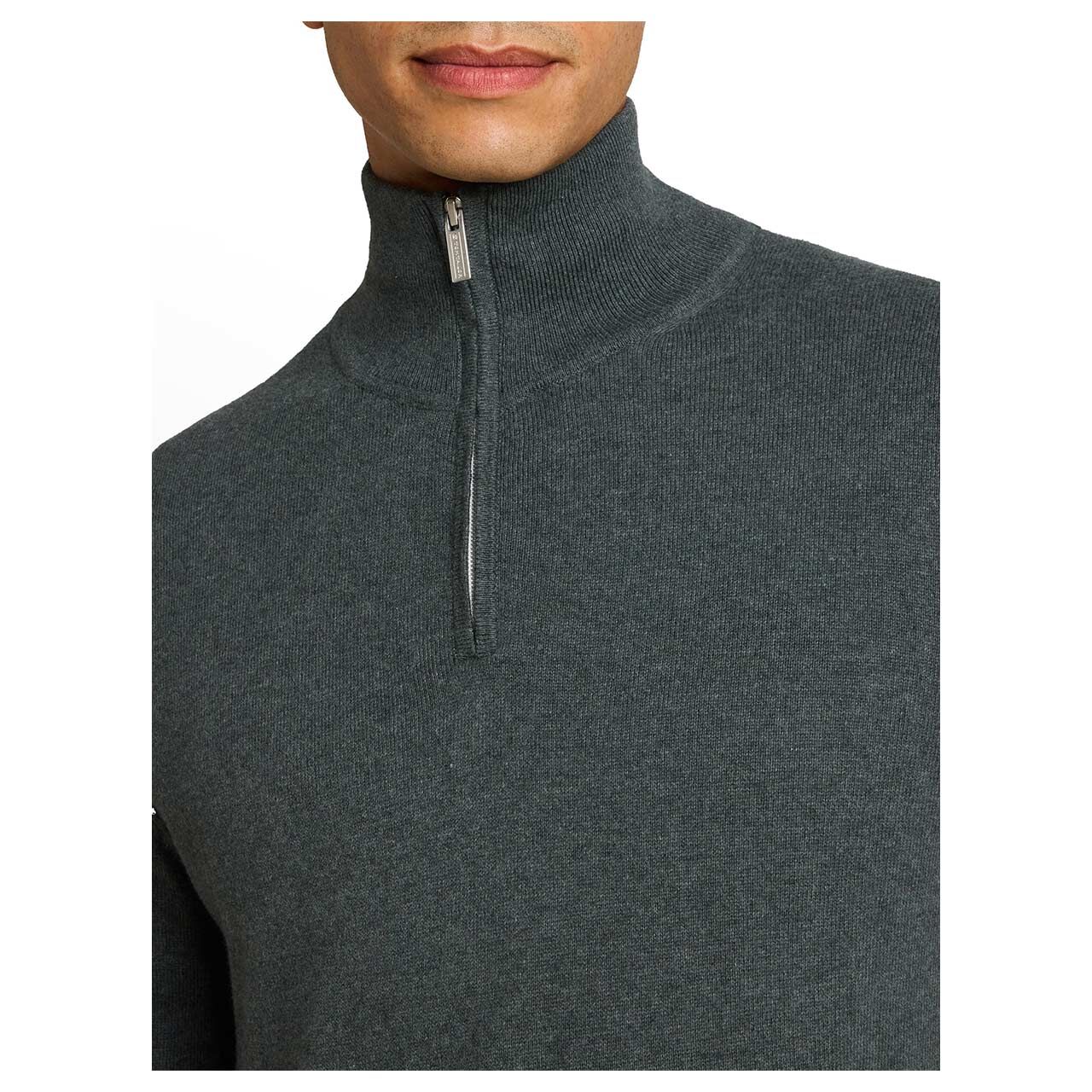 Herren Pullover Troyer Cashmere Knitted von Tom Tailor in Olivgrün meliert, Detailansicht am Model