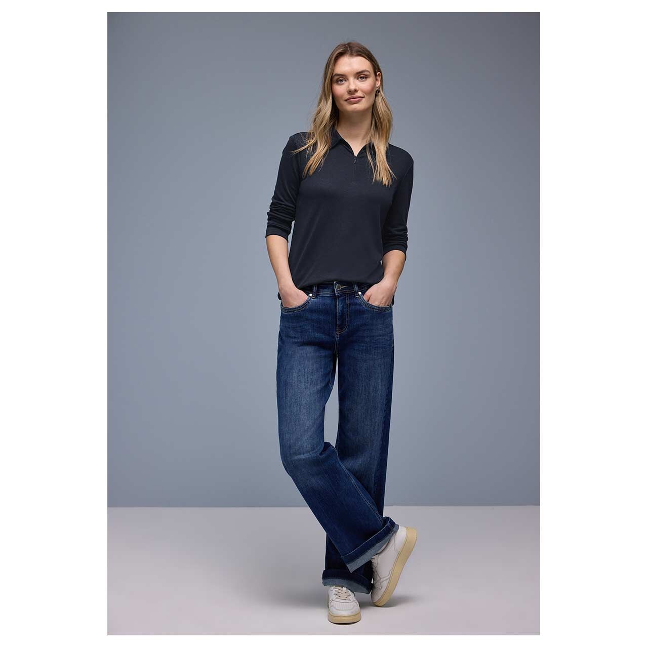 Street One Damen 3/4 Arm Poloshirt Basic Zipper shadowed navy