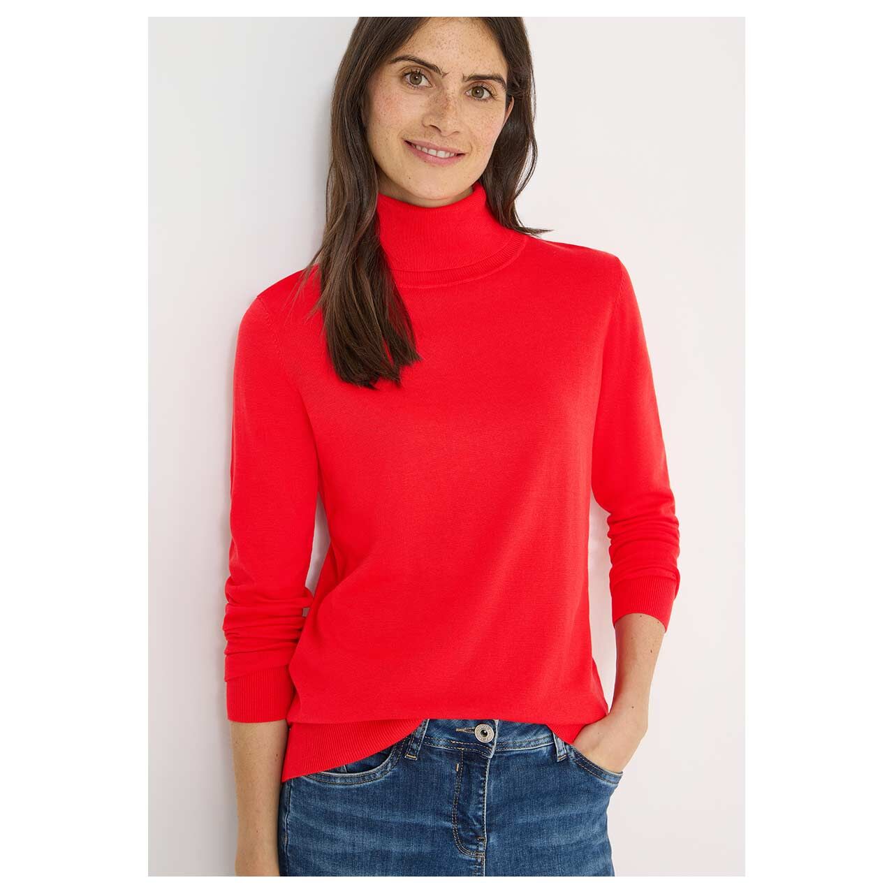 Damen Rollkragen Pullover Basic Roll Neck von Cecil in Orange-Rot, Vorderansicht am Model