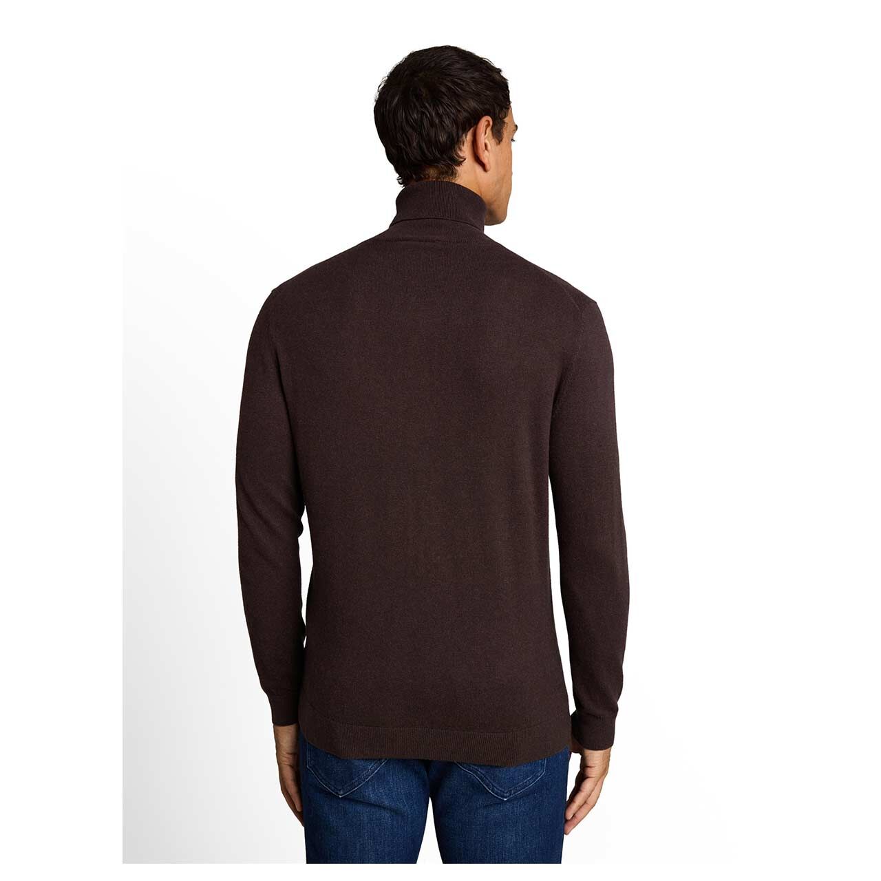 Herren Rollkragen Pullover Cashmere Turtleneck Knit von Tom Tailor in Dunkelbraun meliert, Rückansicht am Model