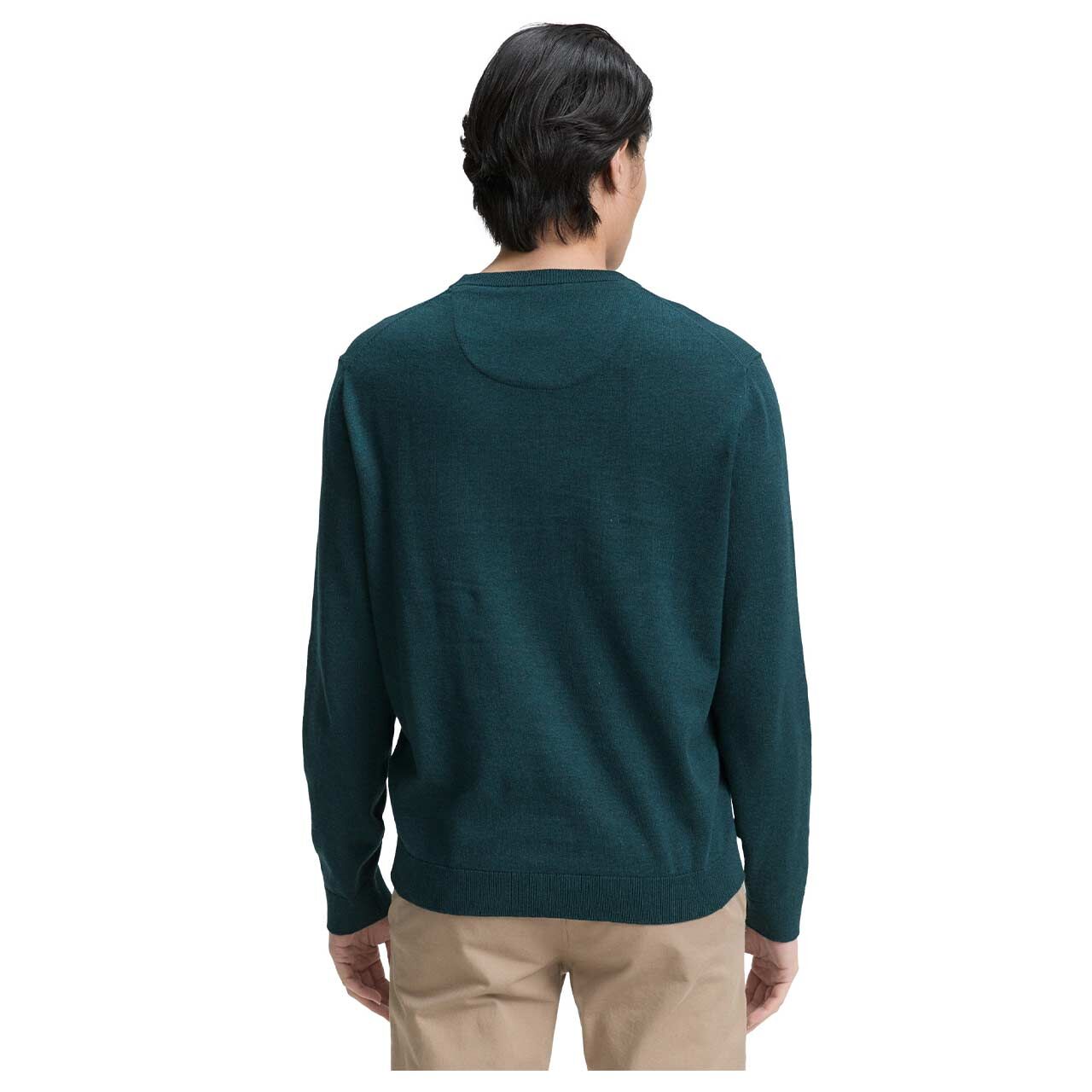 Herren Pullover Basic Crewneck Knit von Tom Tailor in Dunkelgrün meliert, Rückansicht am Model