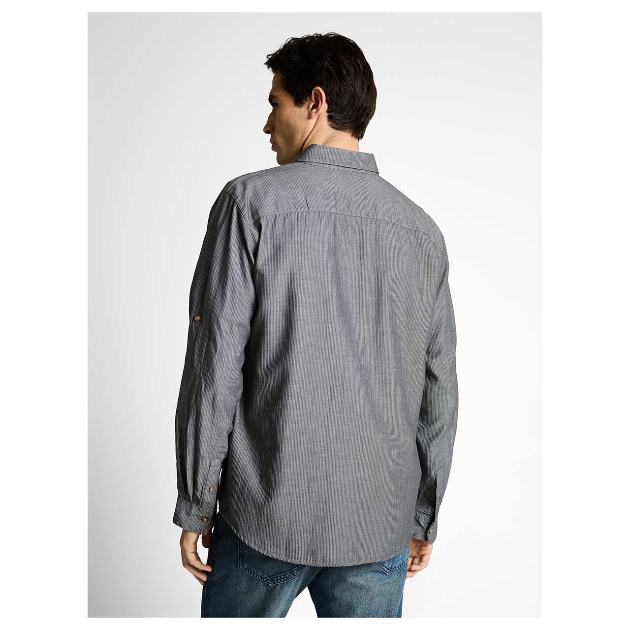 Herren Langarm Hemd von Tom Tailor in Grau mit Print, Rückansicht am Model