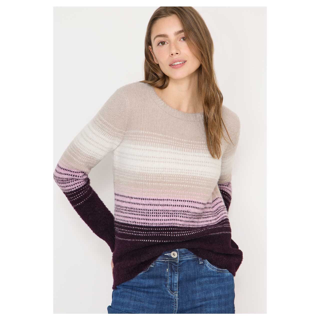 Damen Pullover Feather Yarn Sweater von Cecil in Lila mit Print, Vorderansicht am Model