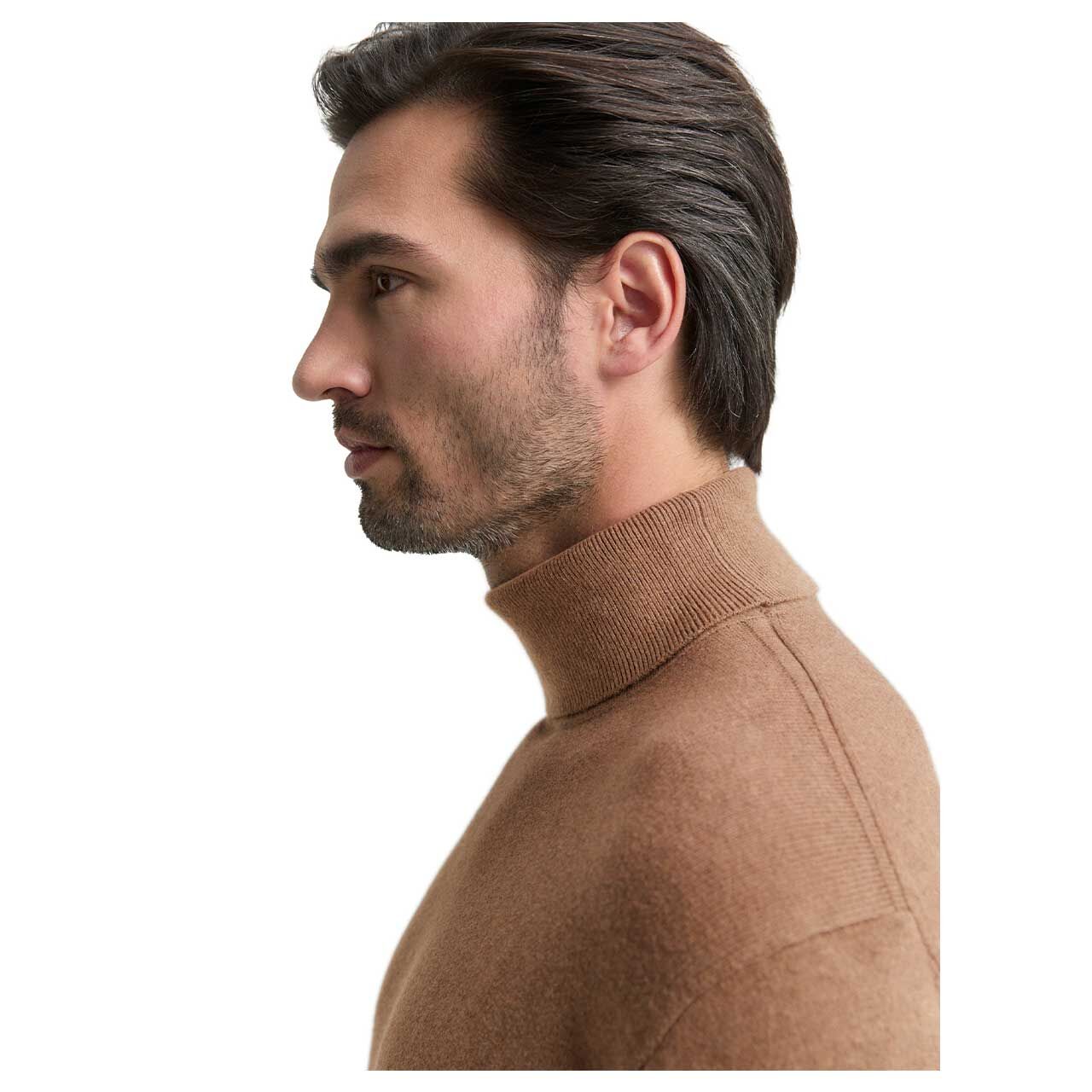 Herren Pullover Cashmere Turtleneck Knit von Tom Tailor in Braun meliert, Detailansicht am Model