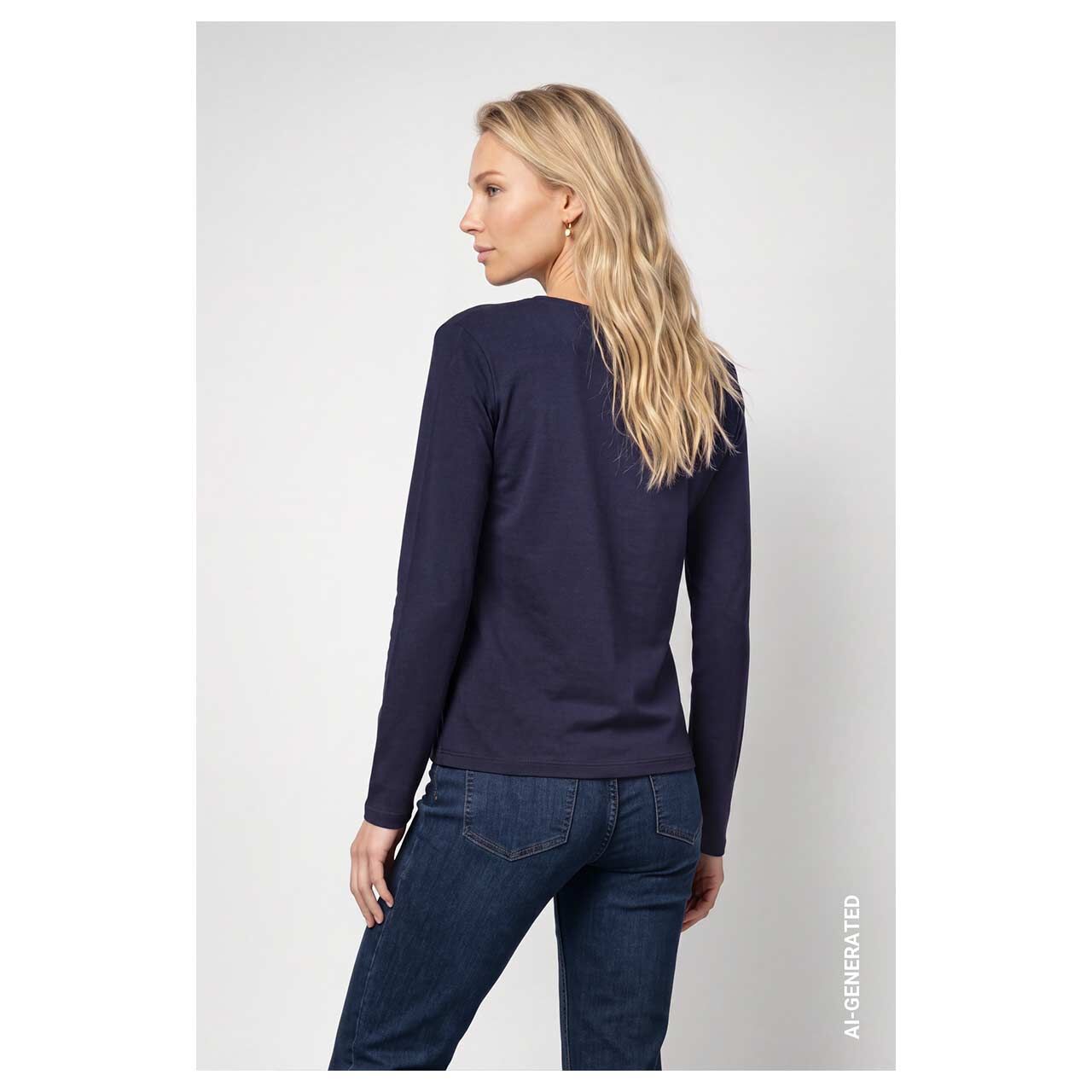 Damen Langarm Shirt von Monari in Dunkelblau mit Print, Rückansicht am Model