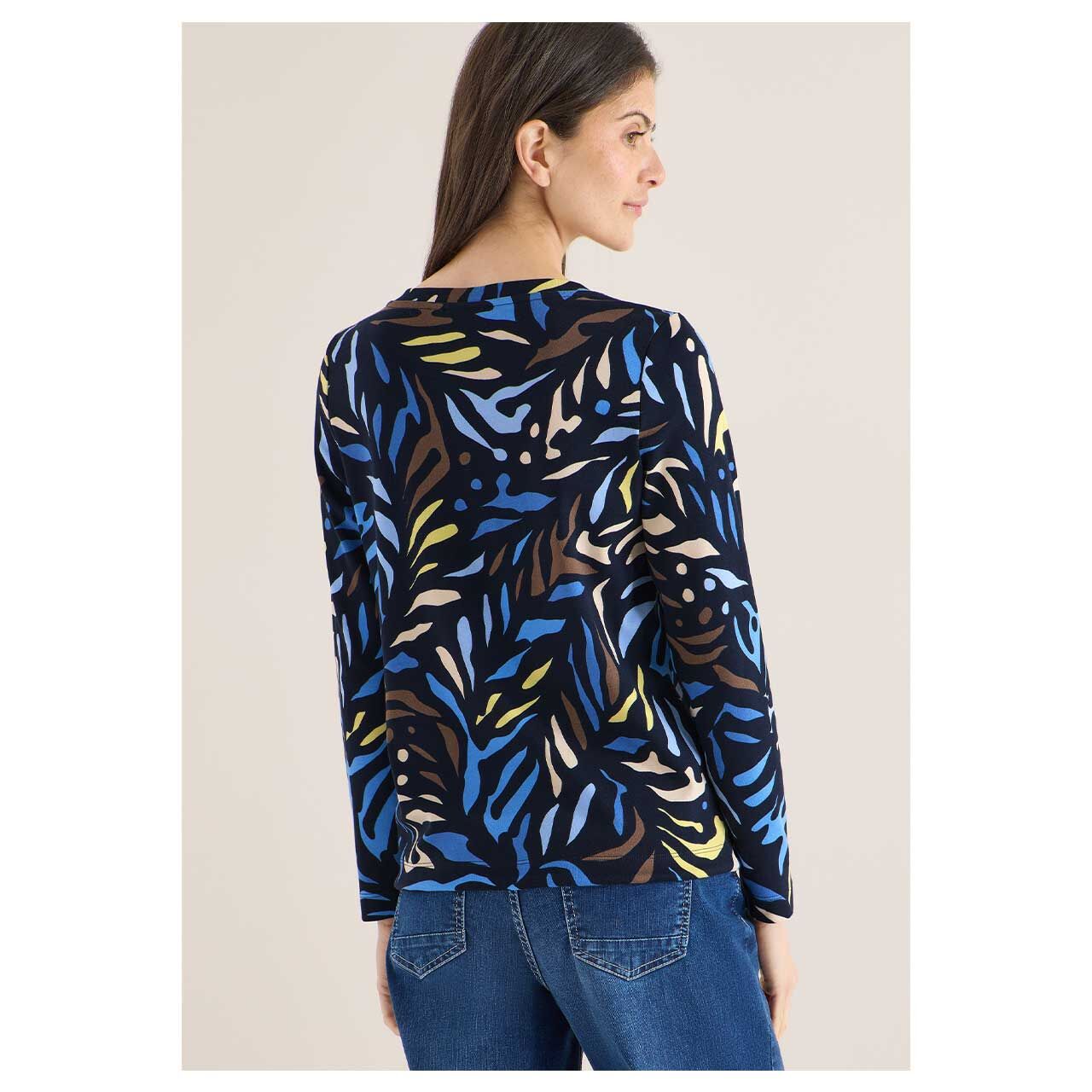 Damen Langarm Shirt Multi Boatneck von Cecil in Dunkelblau mit Print, Rückansicht am Model