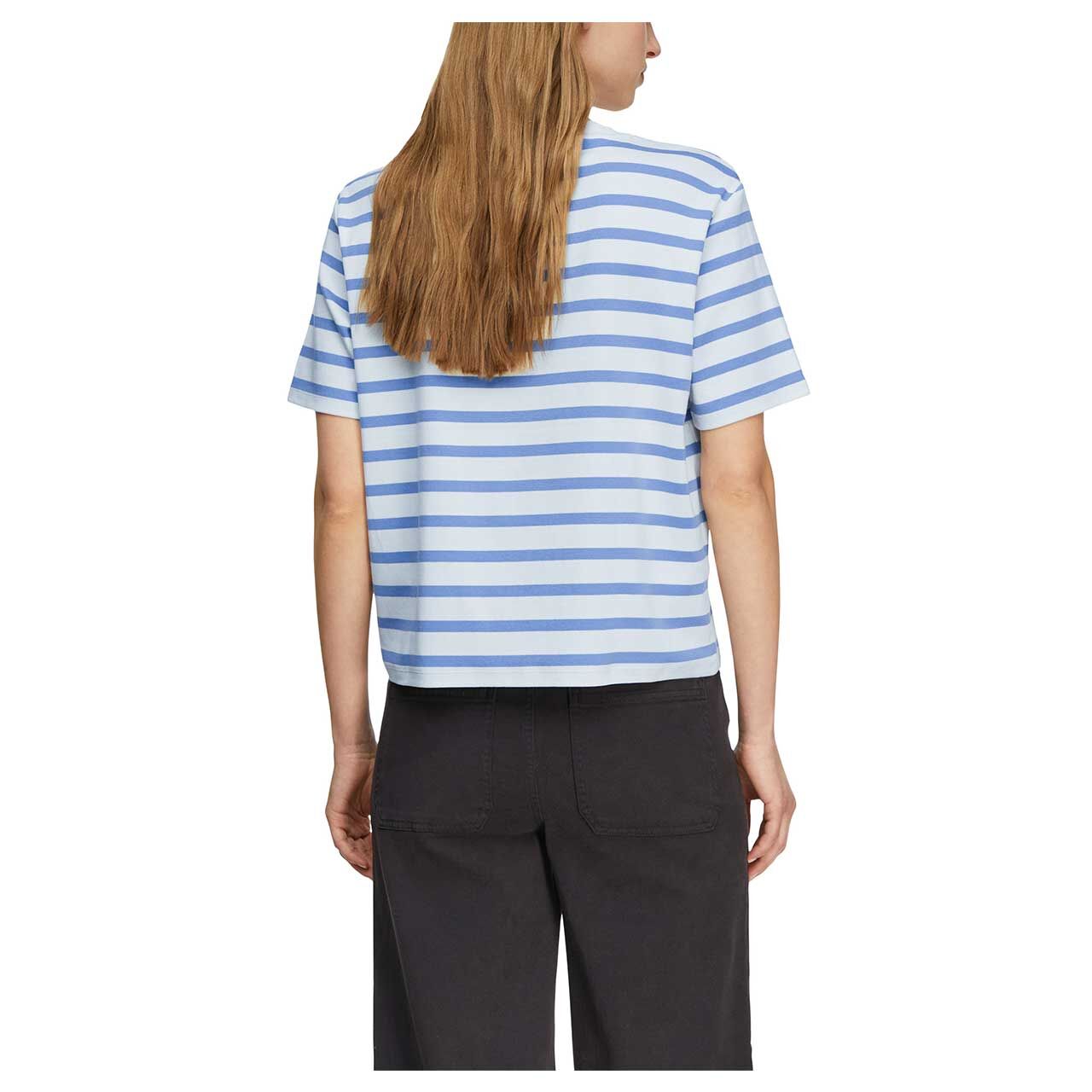 Damen T-Shirt von Comma in Blau gestreift, Rückansicht am Model