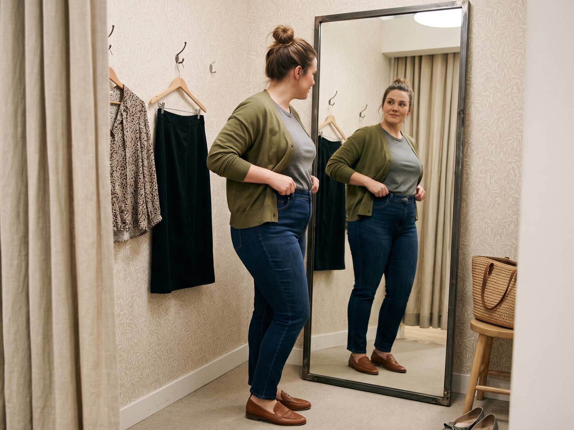 Eine Frau probiert in einer Umkleidekabine eine dunkelblaue Jeans an und betrachtet die Passform im Spiegel.